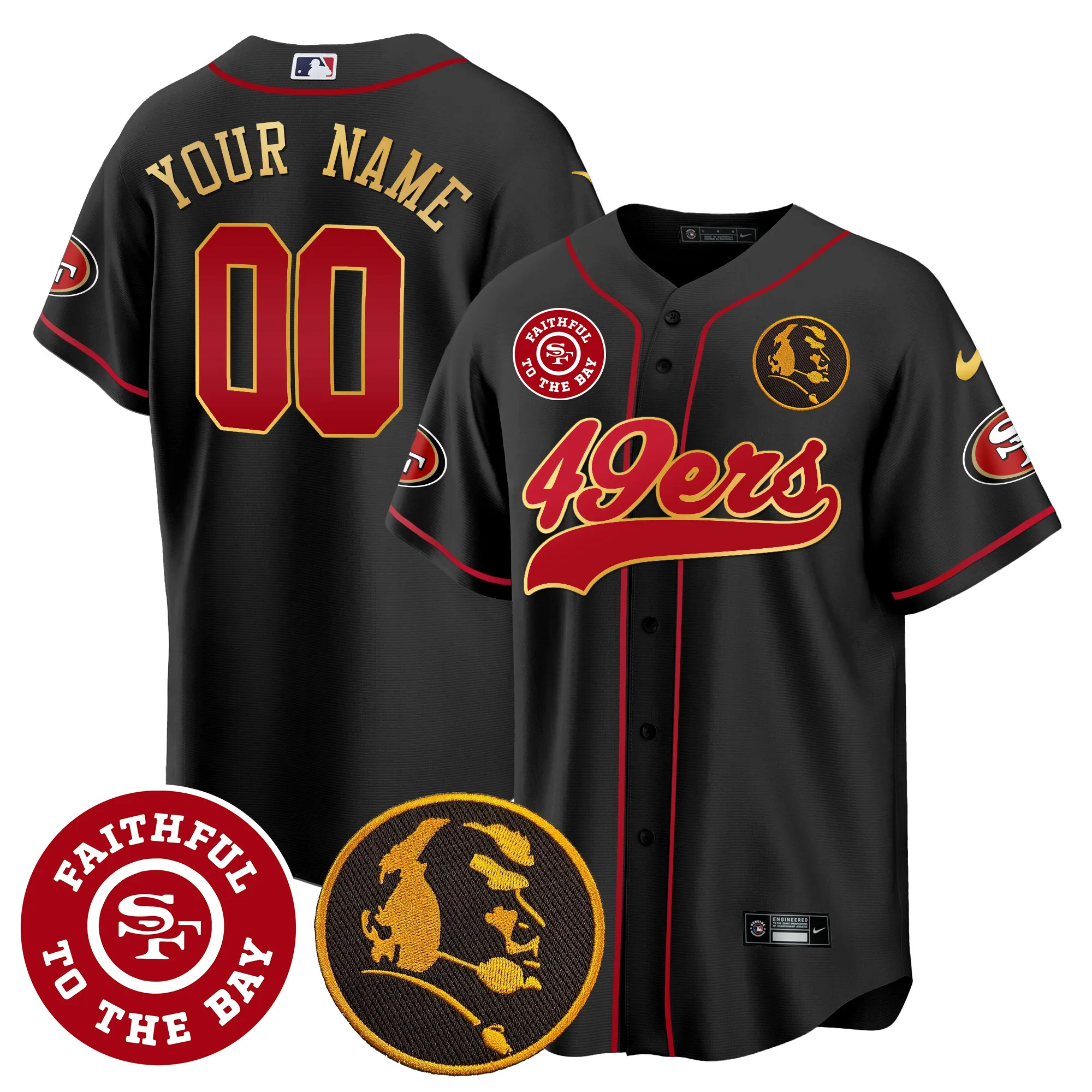 49ers Faithful & John Madden Patch Baseball Gold Trim Custom Jersey - All Stitched
