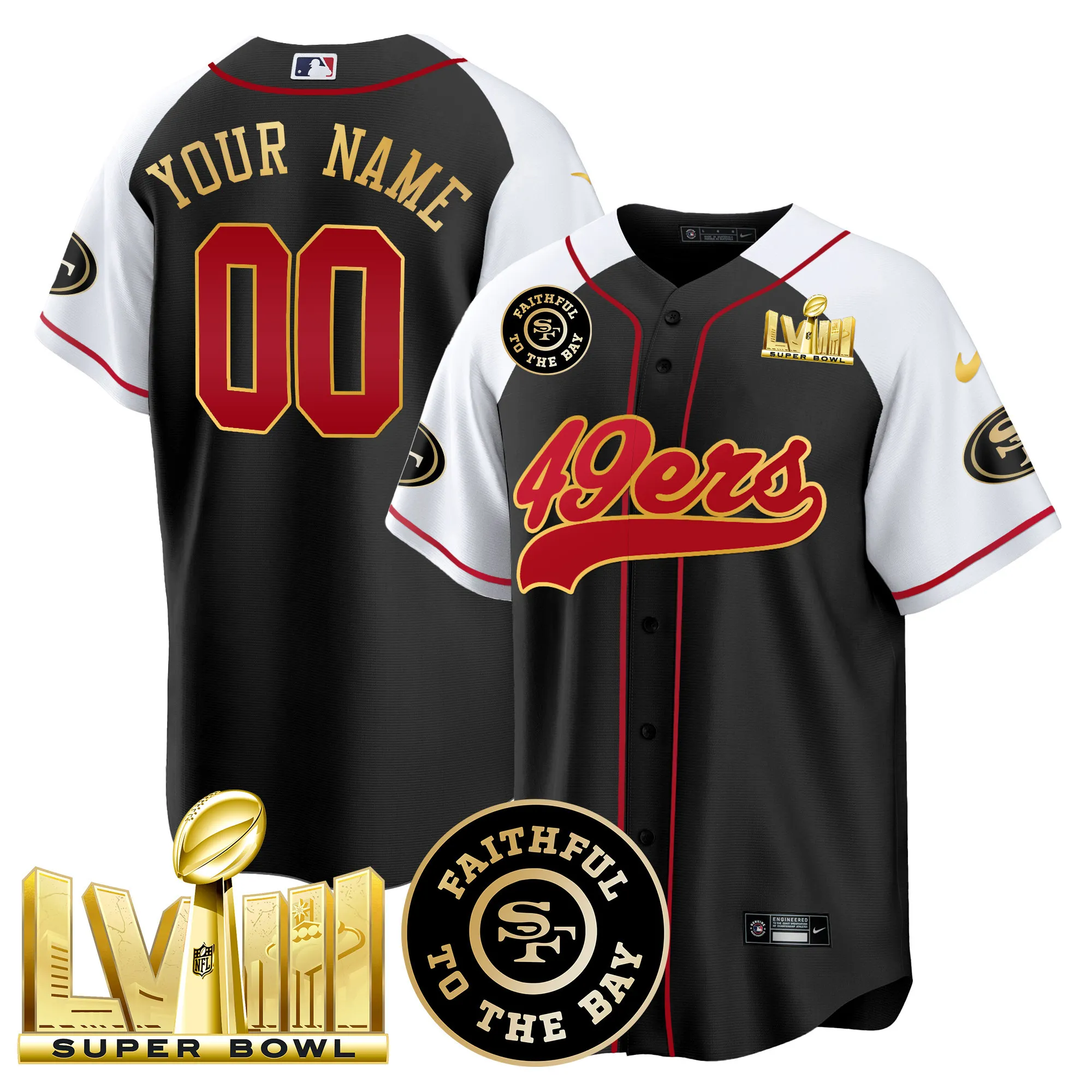 49ers Faithful & Super Bowl LVIII Gold Patch Baseball Custom Jersey - All Stitched