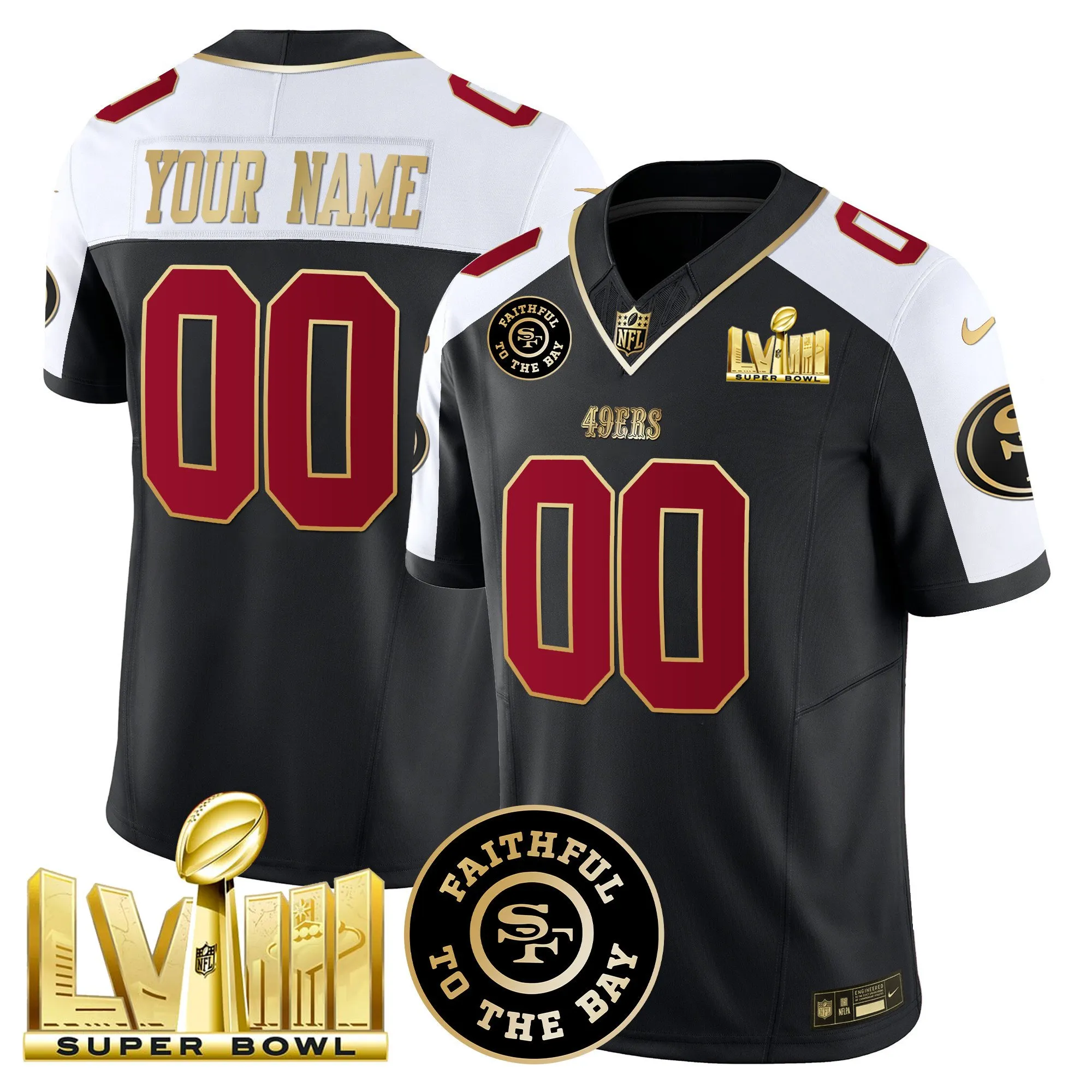 49ers Faithful & Super Bowl LVIII Gold Patch Vapor Custom Jersey - All Stitched