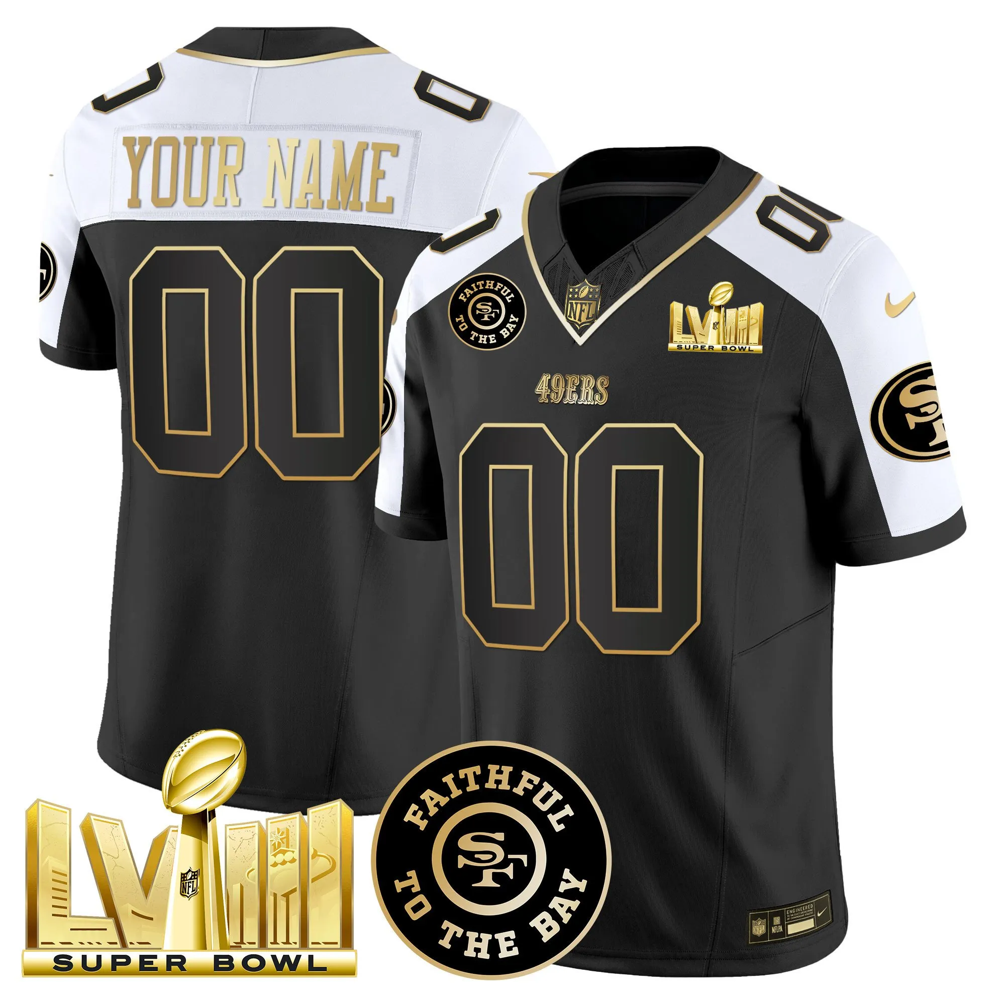 49ers Faithful & Super Bowl LVIII Gold Patch Vapor Custom Jersey V2 - All Stitched