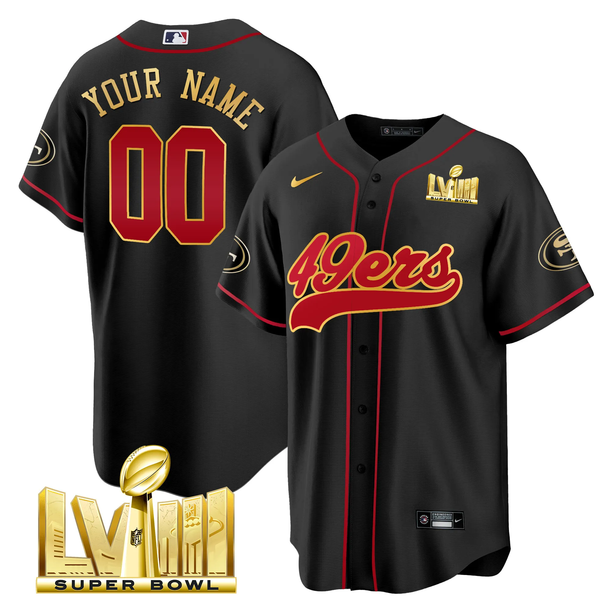 49ers Super Bowl LVIII Gold Patch Baseball Custom Jersey - All Stitched