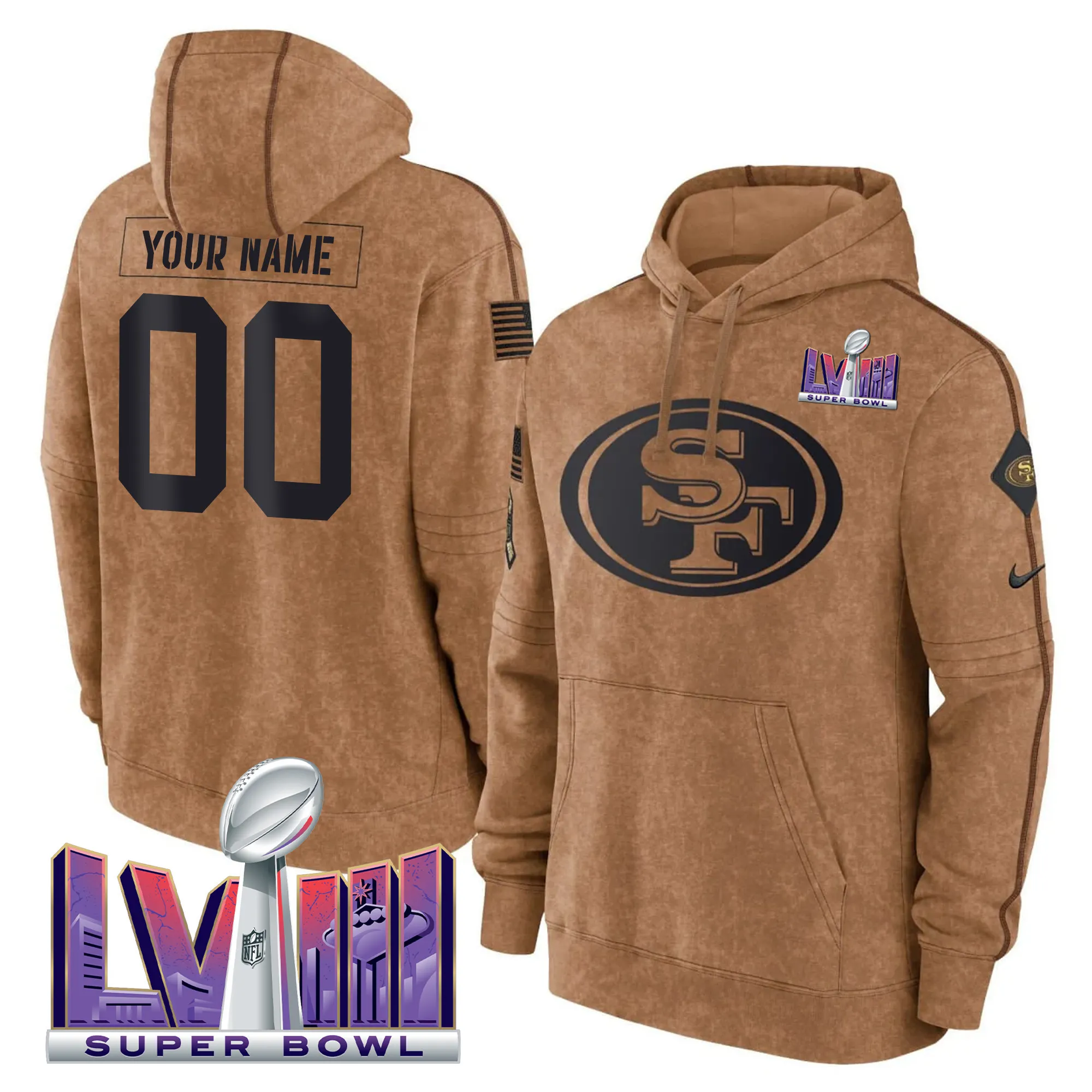 49ers Super Bowl LVIII Patch Salute To Service Brown Custom Hoodie - Stitched