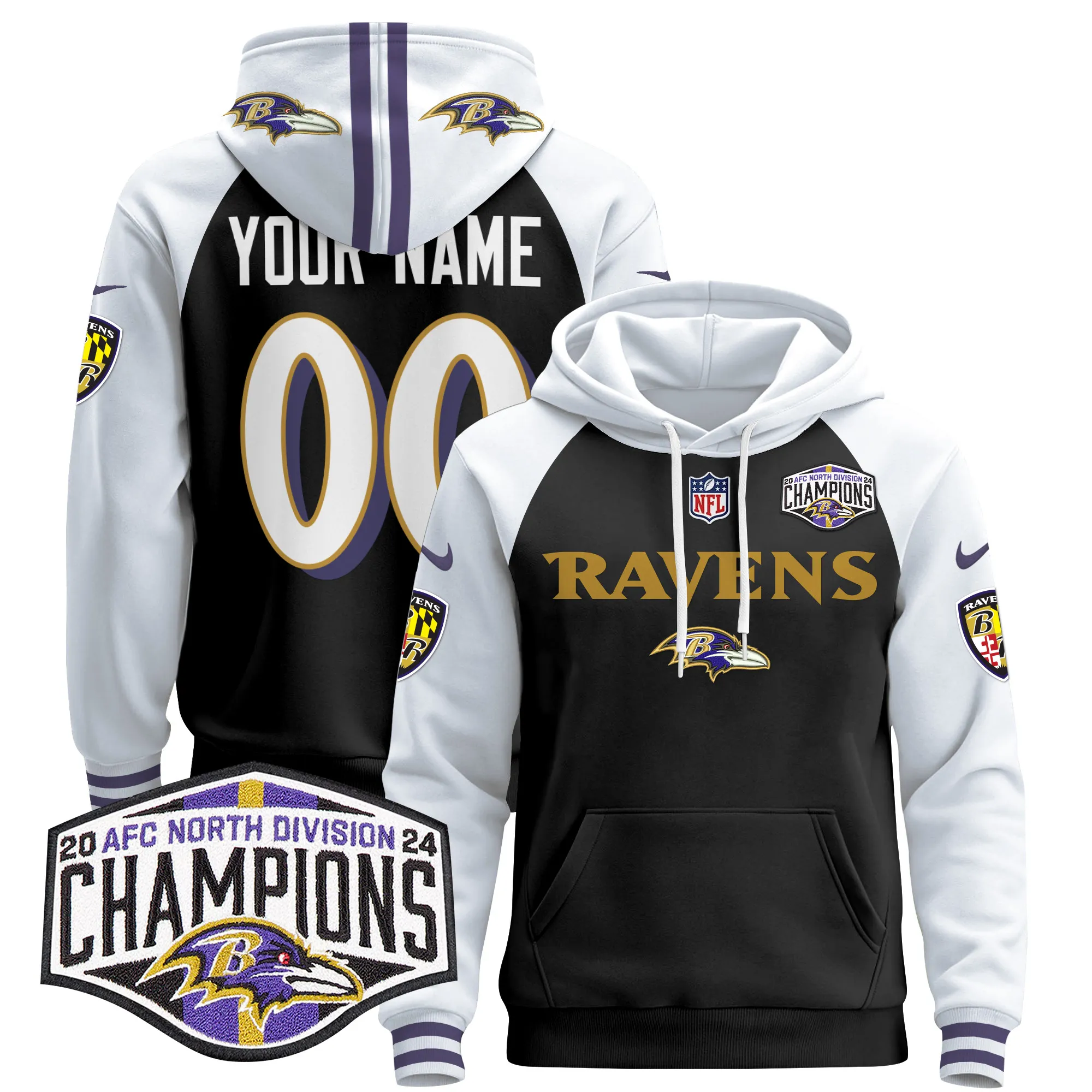 Baltimore Ravens 2024 AFC North Division Champions Patch Custom Pullover Hoodie - All Stitched