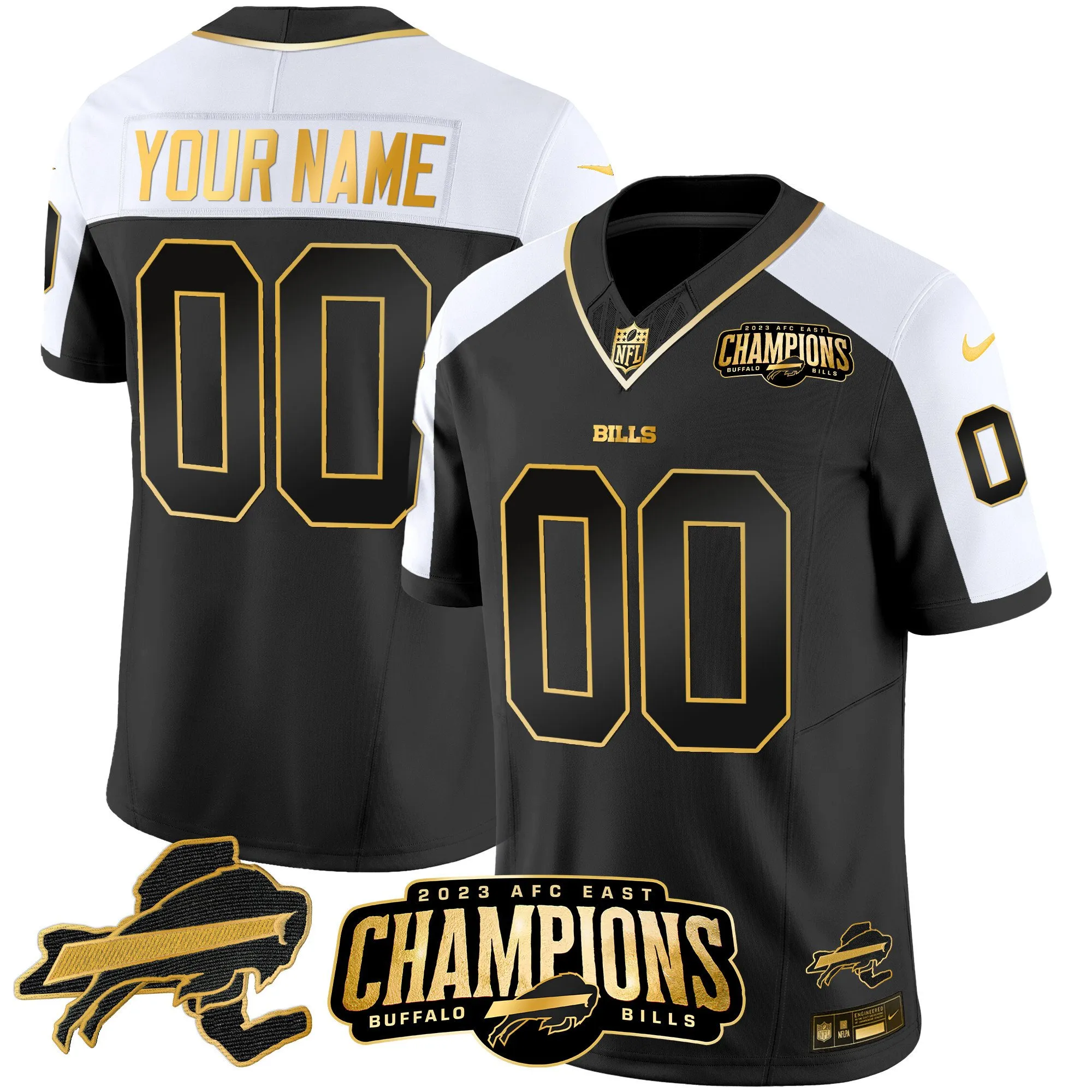 Bills 2023 AFC East Champions Patch Gold Vapor Custom Jersey V2 - All Stitched