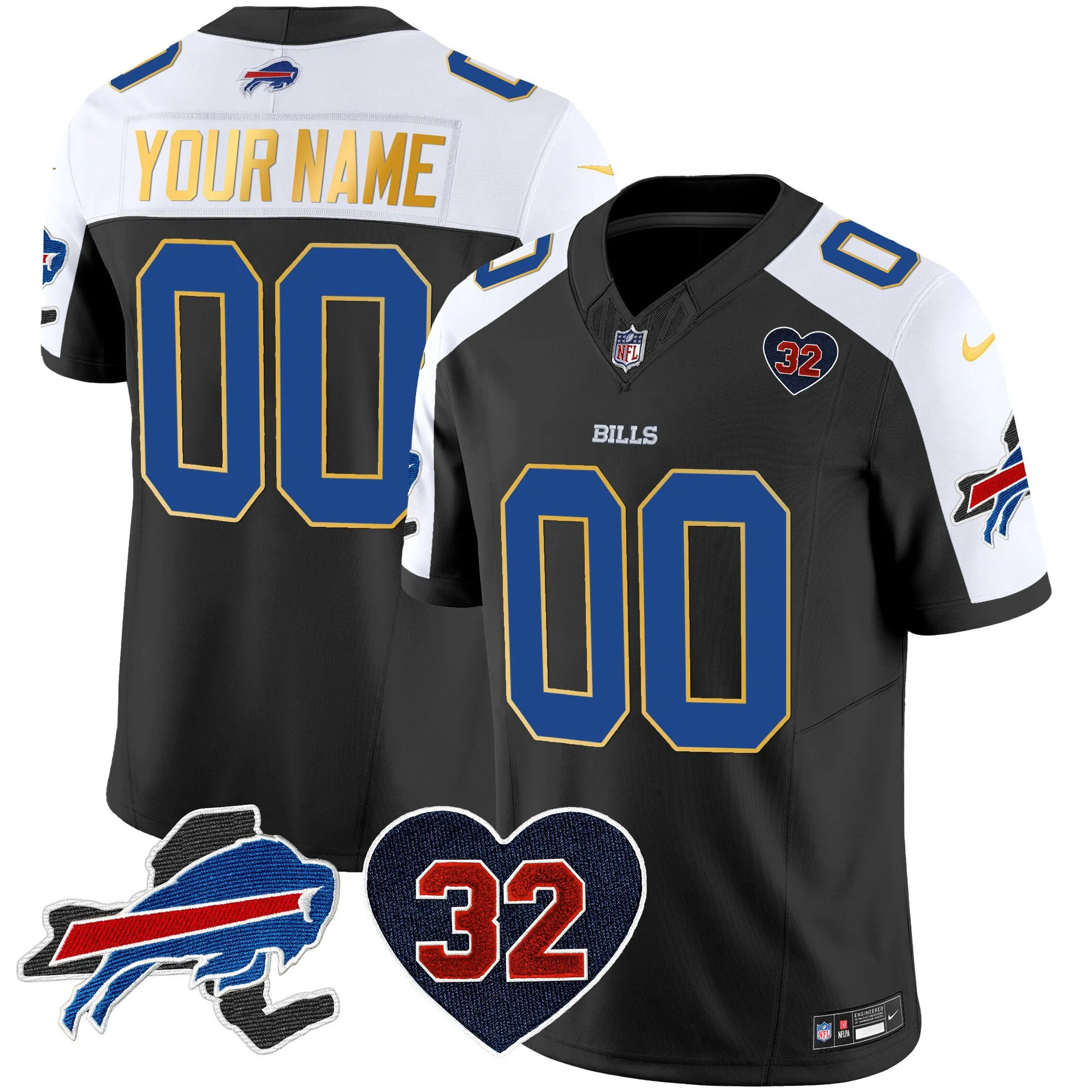 Bills O.J. Simpson Patch Gold Trim Vapor Limited Custom Jersey - All Stitched