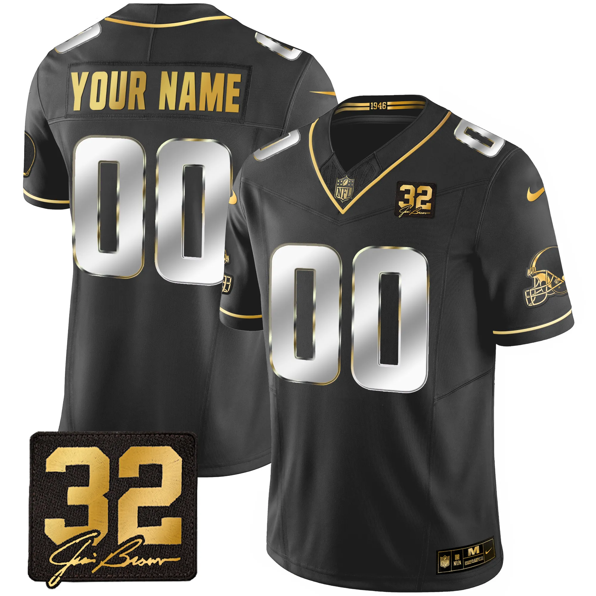 Browns #32 Jim Brown Memorial Patch Gold Custom Jersey - All Stitched