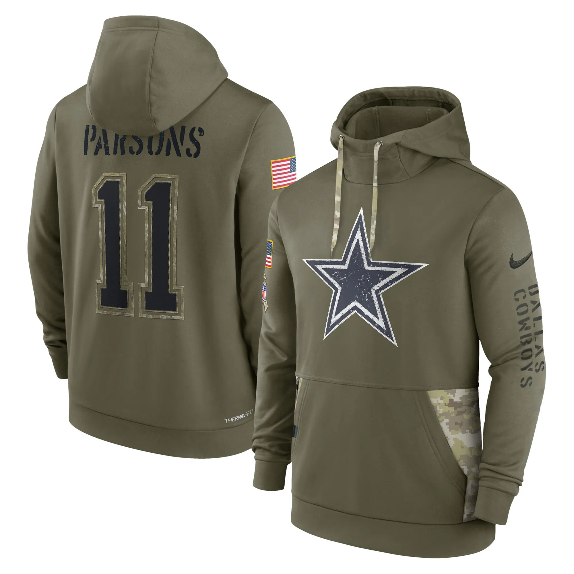 Cowboys 2022 Salute to Service Therma Performance Pullover Player Hoodie - Olive - All Printed