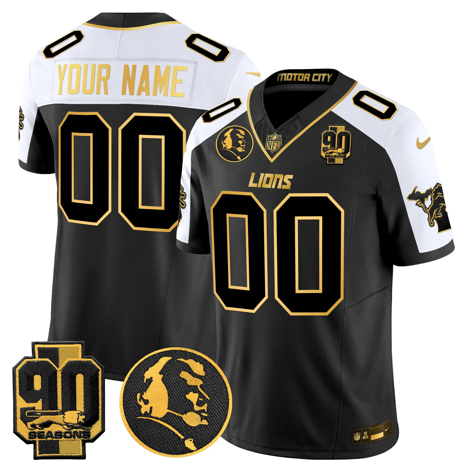 Detroit Lions 2024 90th & John Madden Patch Gold Vapor Limited Custom Jersey - All Stitched