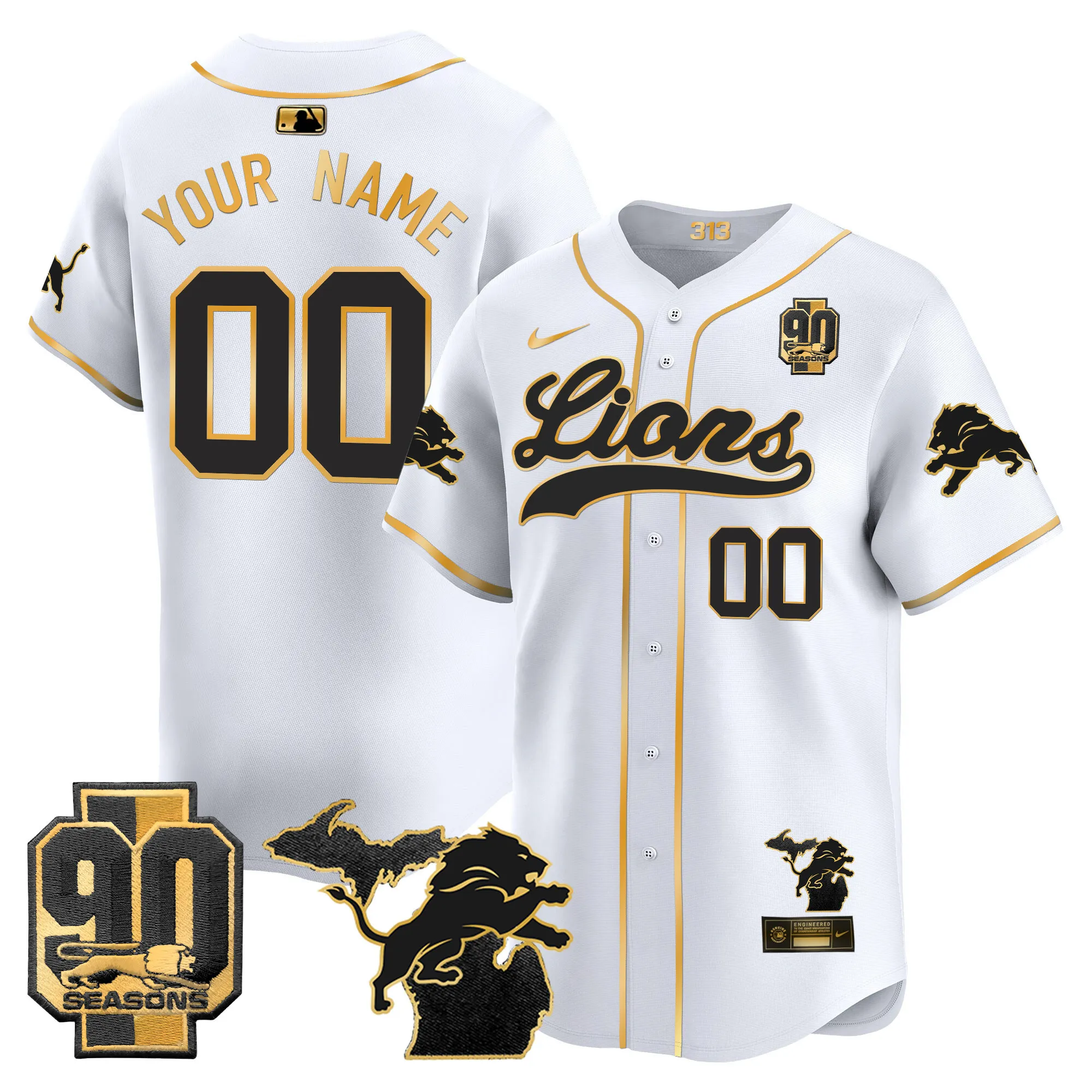 Detroit Lions 2024 Michigan & 90th Season Patch Gold Baseball Custom Jersey - All Stitched