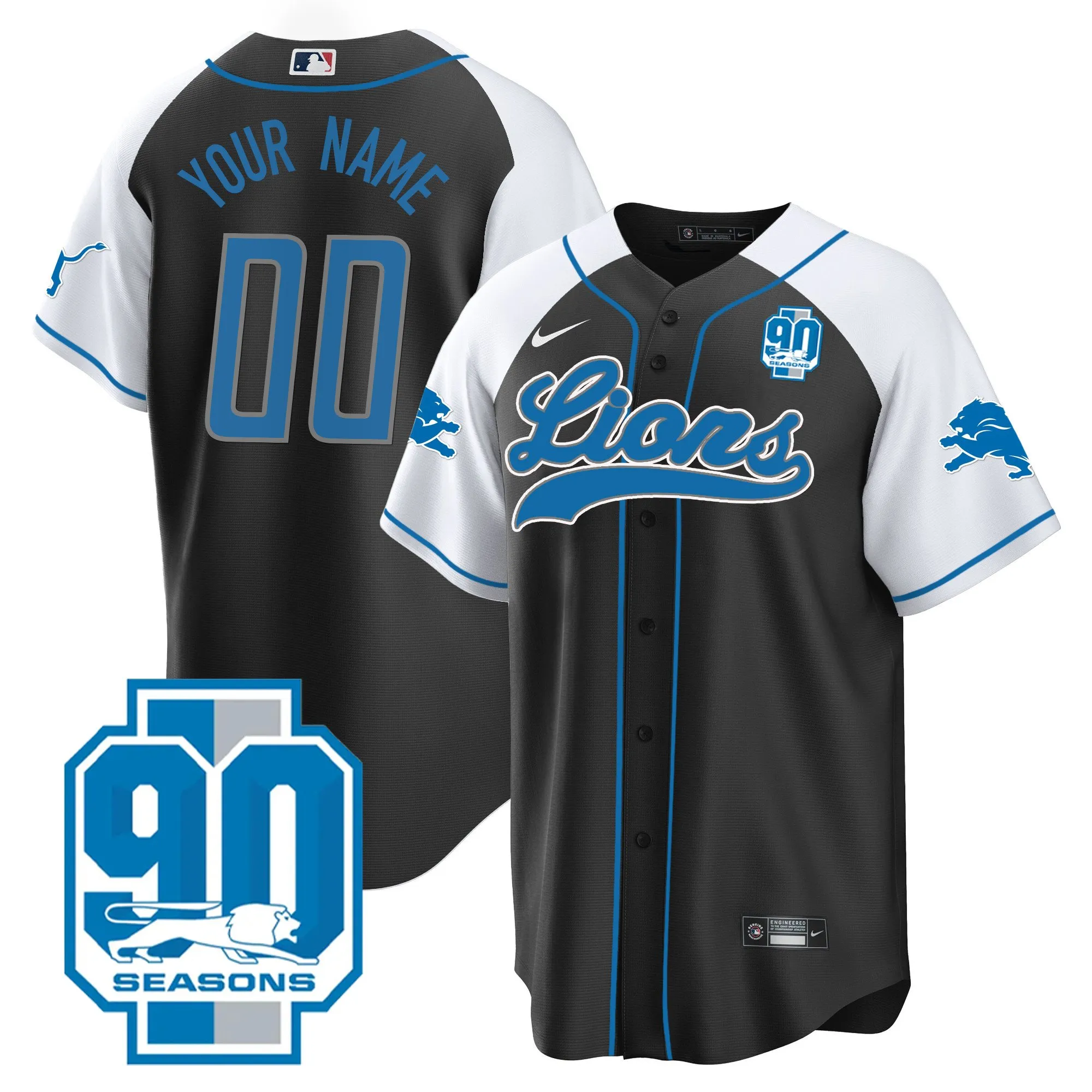 Detroit Lions 90th Year Patch Baseball Custom Jersey - All Stitched