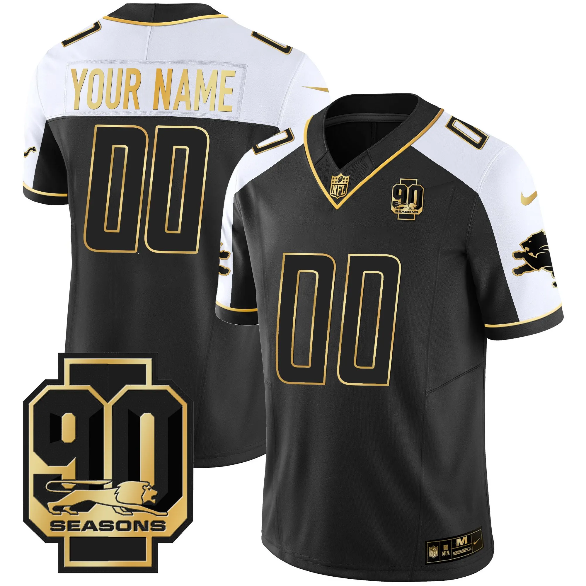 Detroit Lions 90th Year Patch Gold Custom Jersey - All Stitched