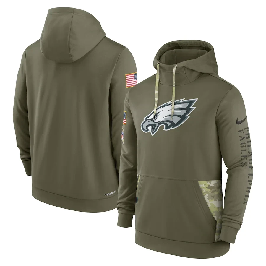 Eagles 2022 Salute to Service Performance Pullover Hoodie - Olive - All Printed