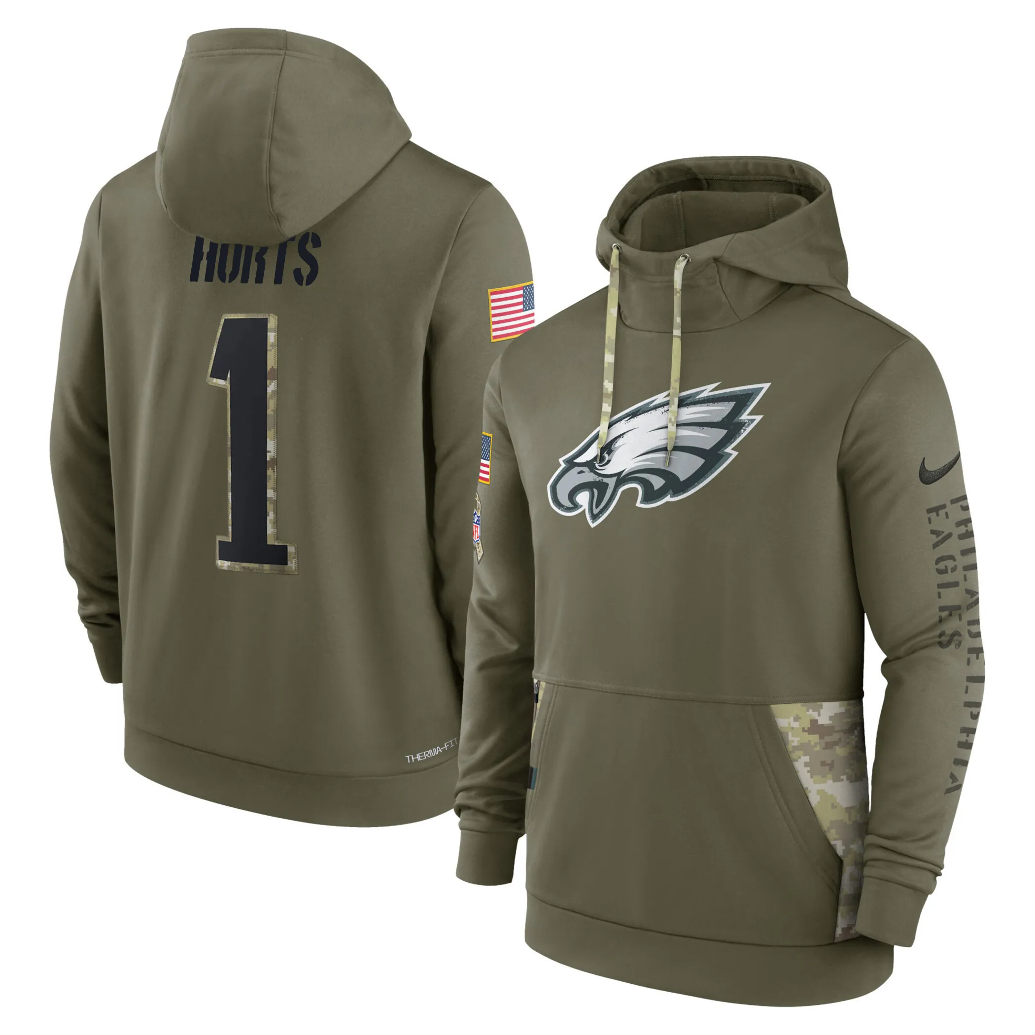 Eagles 2022 Salute to Service Performance Pullover Hoodie - Olive - All Printed