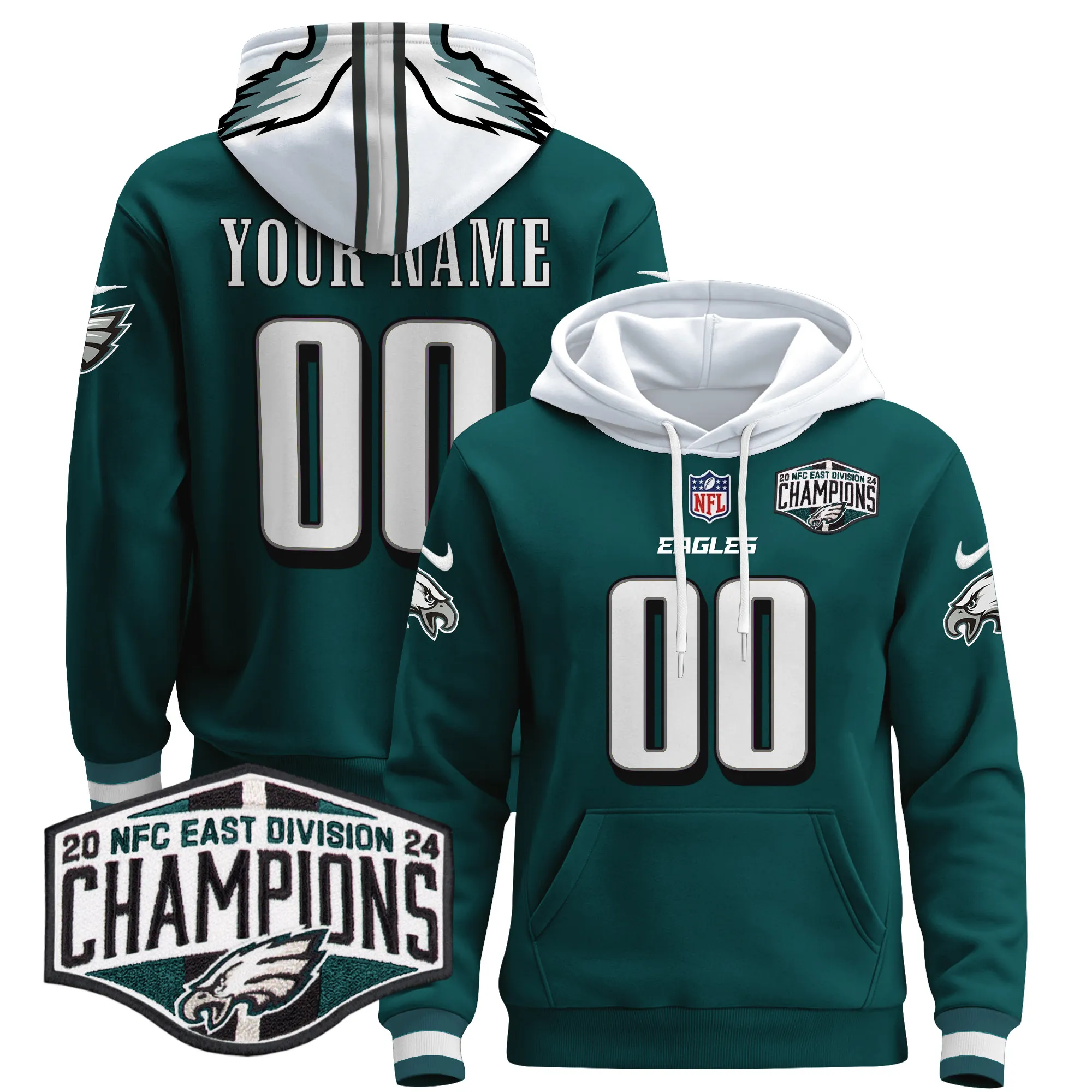 Eagles 2024 NFC East Division Champions Patch Custom Pullover Hoodie - All Stitched