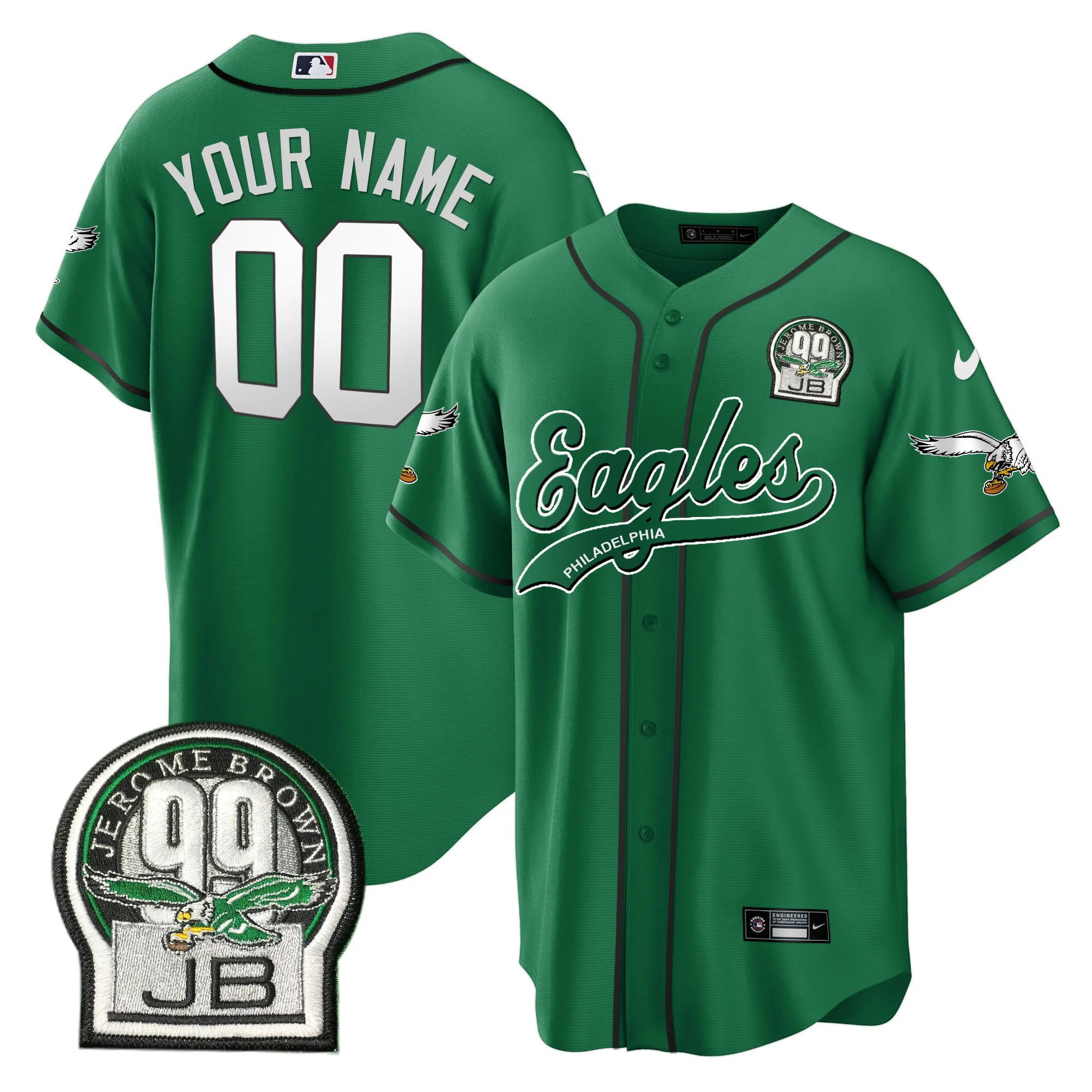 Eagles Jerome Brown Retired Patch Kelly Green Baseball Custom Jersey - All Stitched