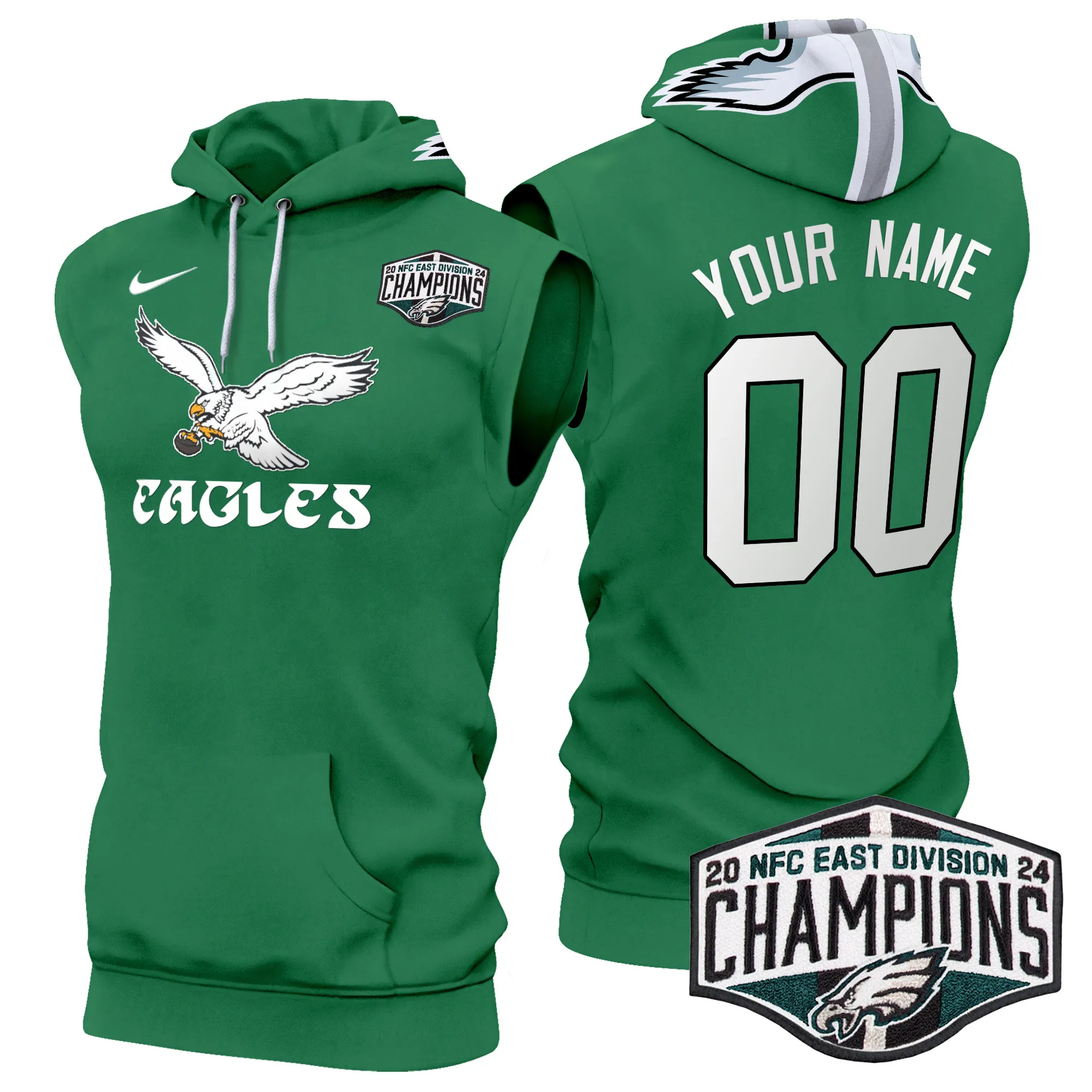 Eagles Kelly Green 2024 NFC East Division Champions Custom Sleeveless Hoodie V2 - All Stitched