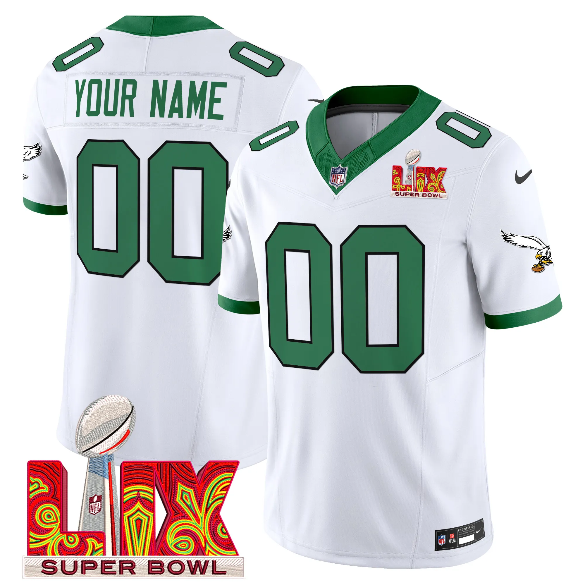 Eagles Kelly Green Super Bowl LIX Patch Vapor Limited Custom Jersey - All Stitched