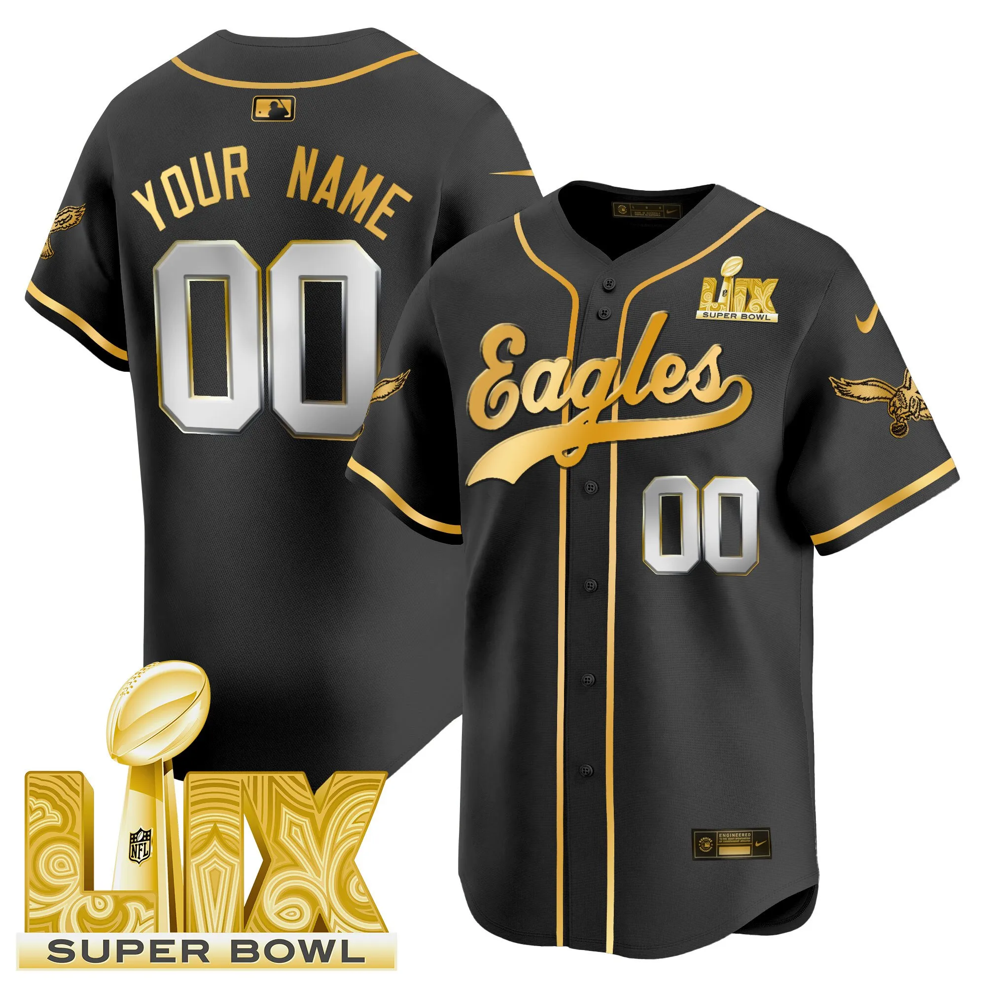 Eagles Super Bowl LIX Patch Kelly Green Vapor Baseball Custom Jersey V2 - All Stitched