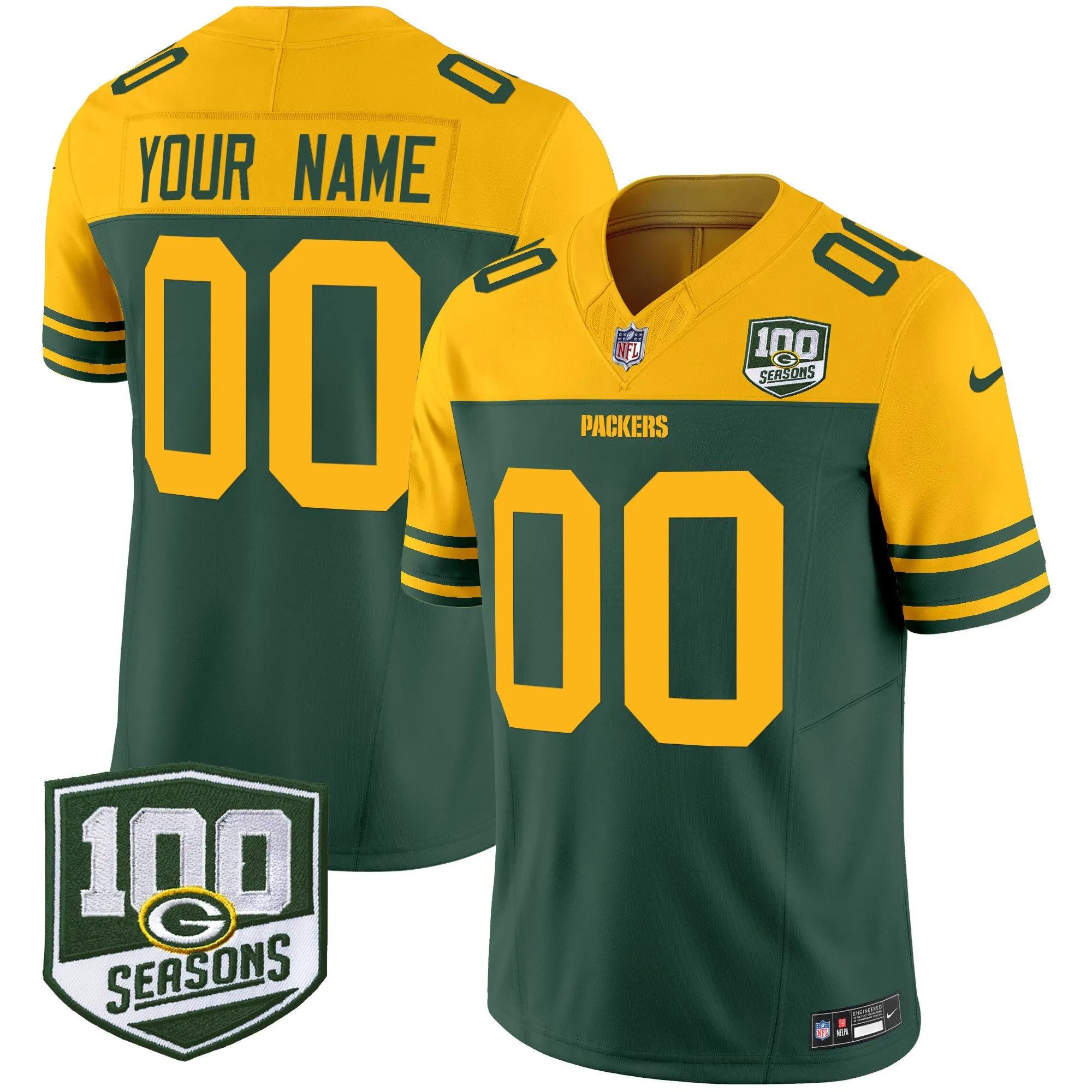 Green Bay Packers Throwback 100th Season Patch Vapor Limited Custom Jersey - All Stitched