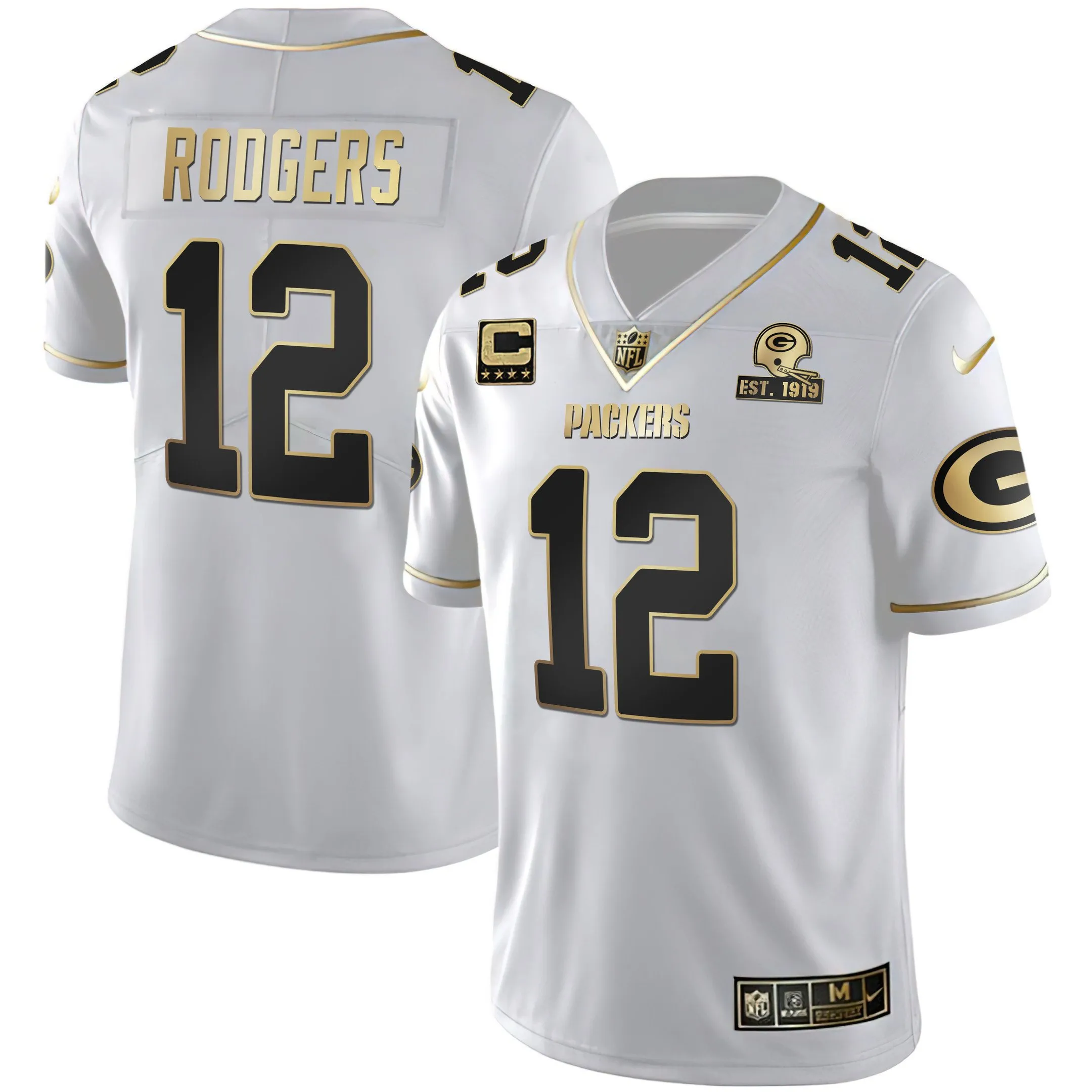 Green Bay Packers White Gold Jersey Est 1919 Patch - All Stitched