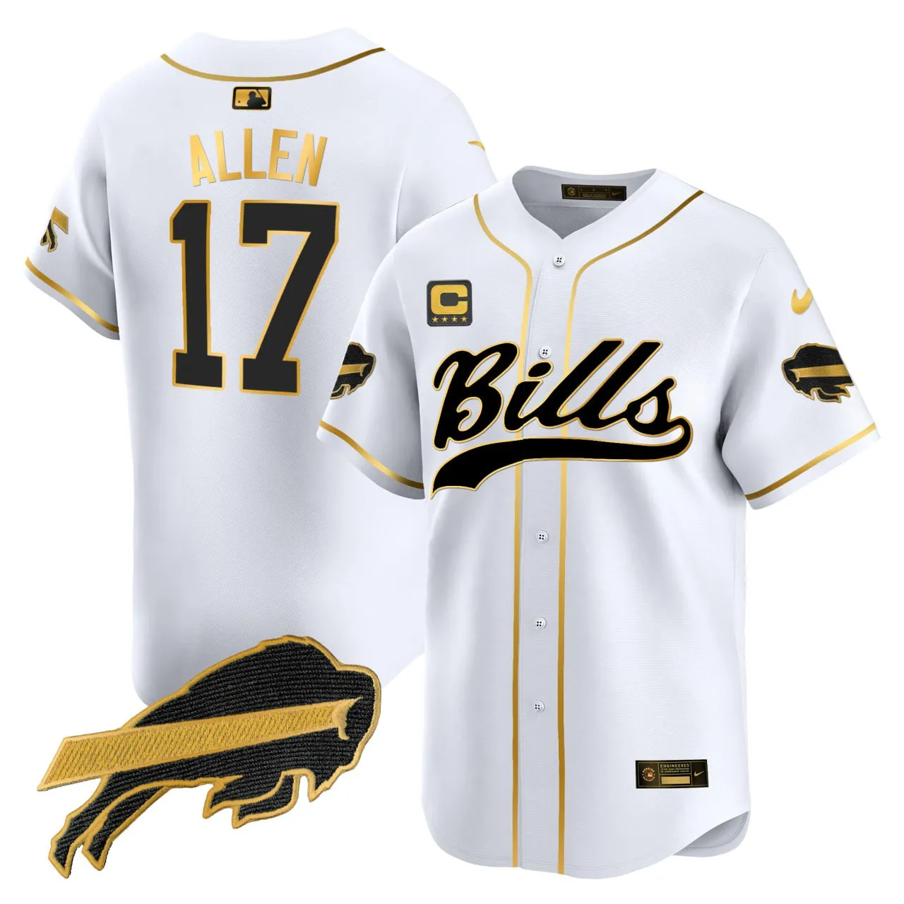 Josh Allen Buffalo Bills Baseball White Gold Jersey - All Stitched