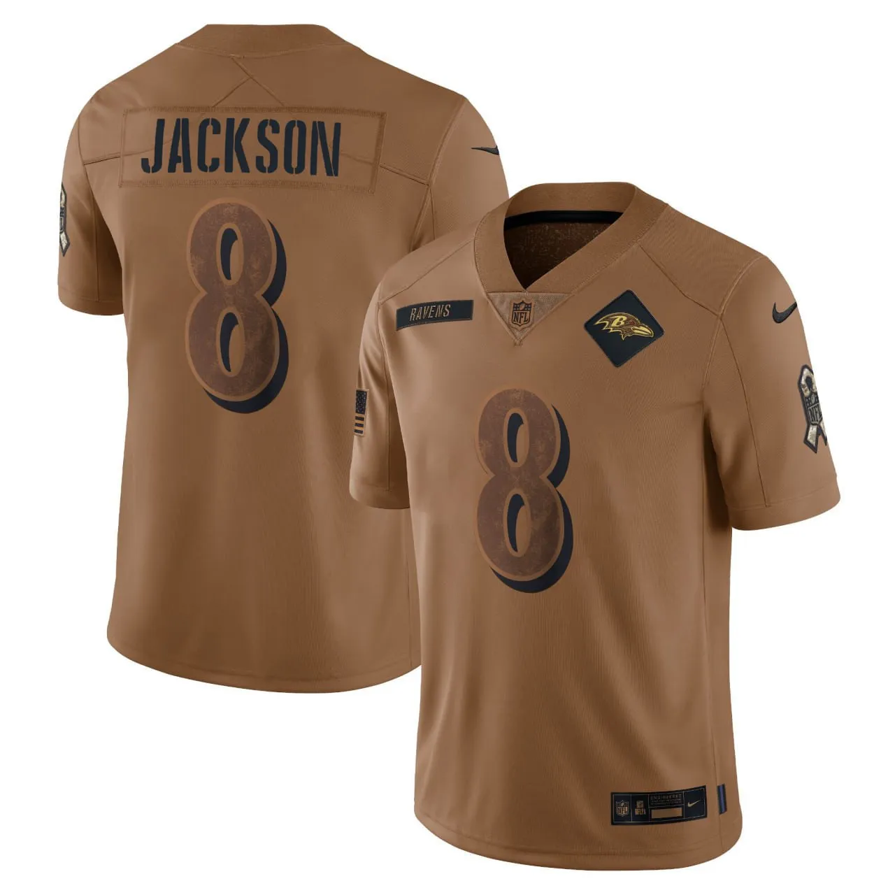 Lamar Jackson Baltimore Ravens Salute to Service Brown Jersey - All Stitched
