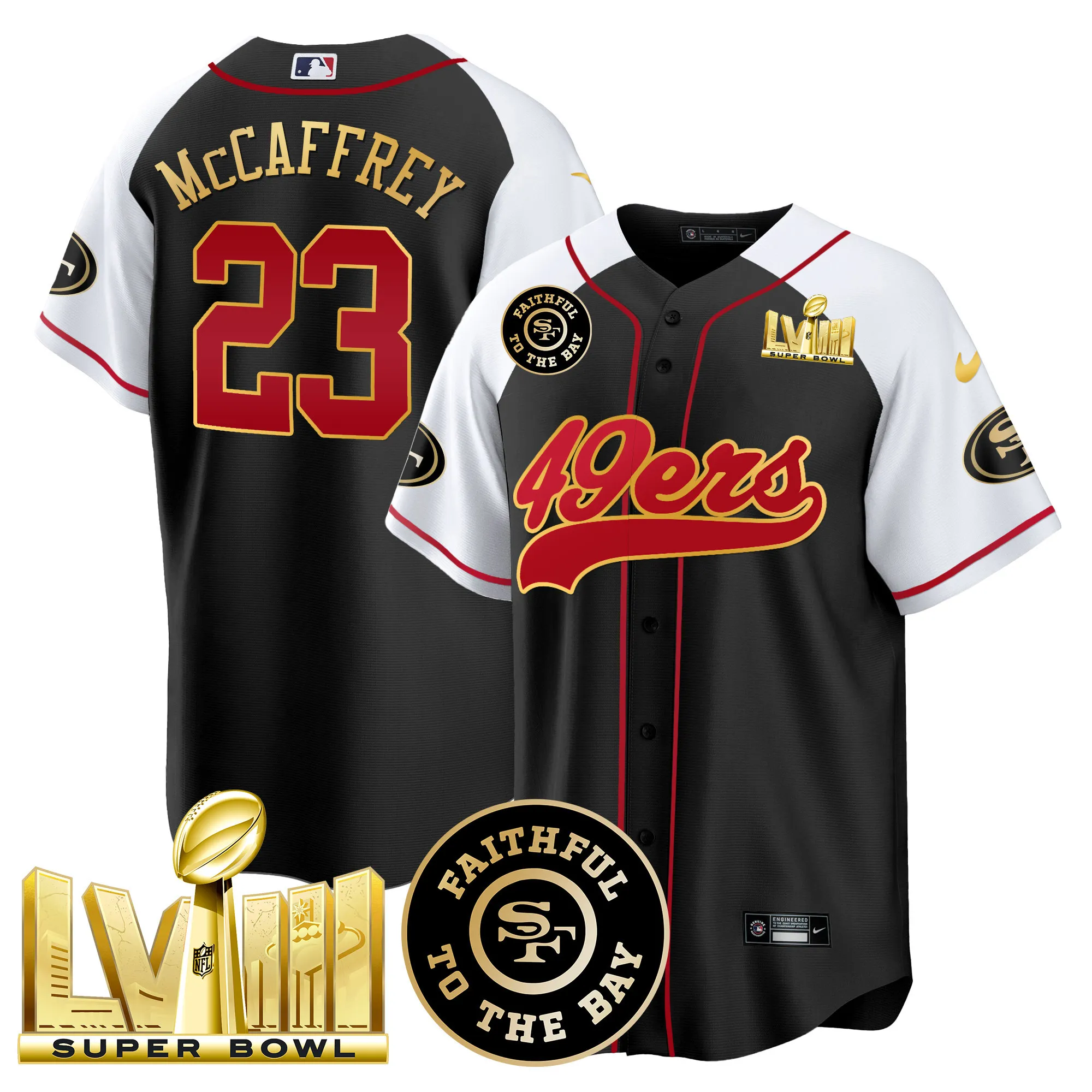 Men's 49ers Faithful & Super Bowl LVIII Gold Patch Baseball Jersey - All Stitched