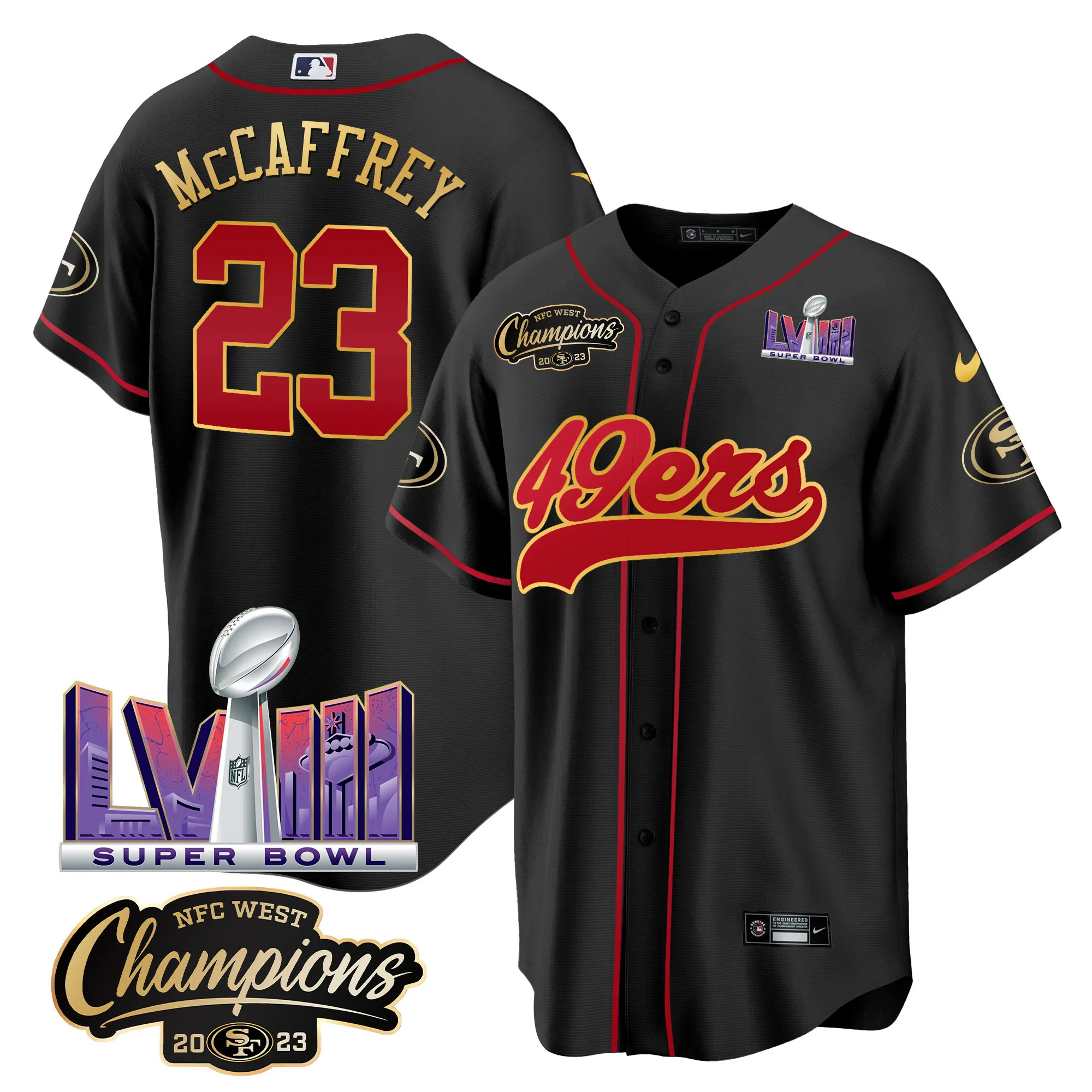 Men's 49ers NFC West Champions & Super Bowl LVIII Patch Baseball Jersey - All Stitched