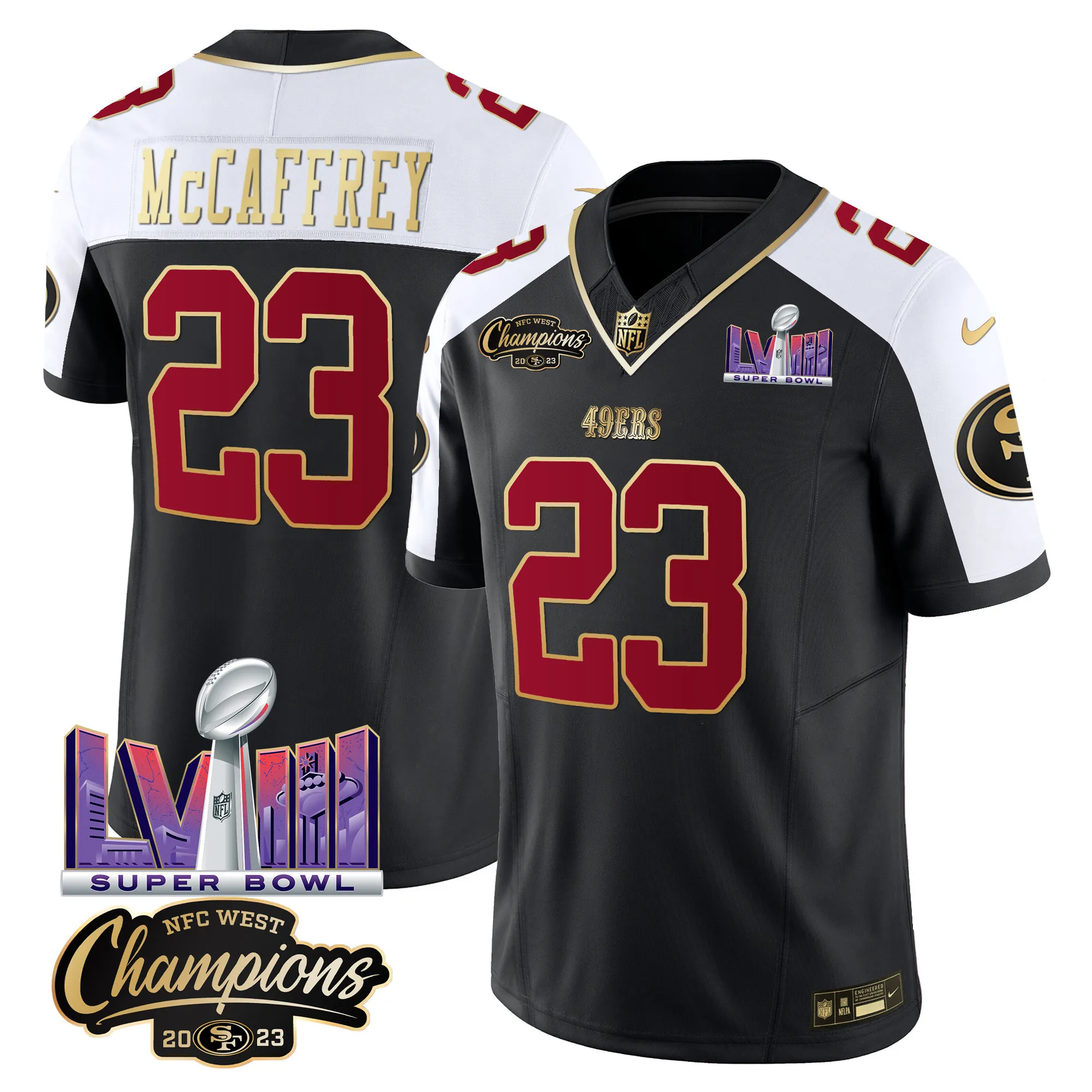 Men's 49ers NFC West Champions & Super Bowl LVIII Patch Vapor Jersey V2 - All Stitched