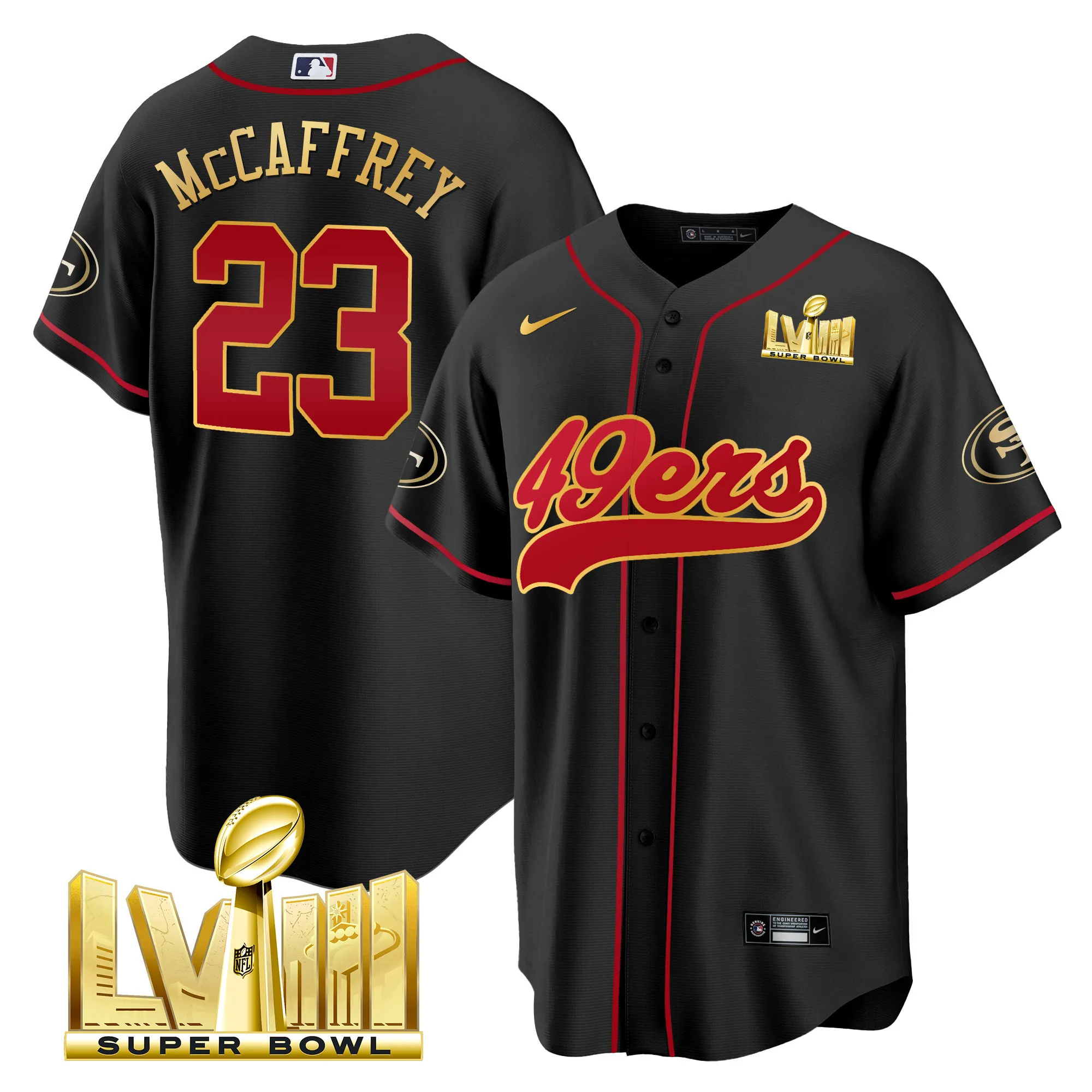 Men's 49ers Super Bowl LVIII Gold Patch Baseball Jersey - All Stitched