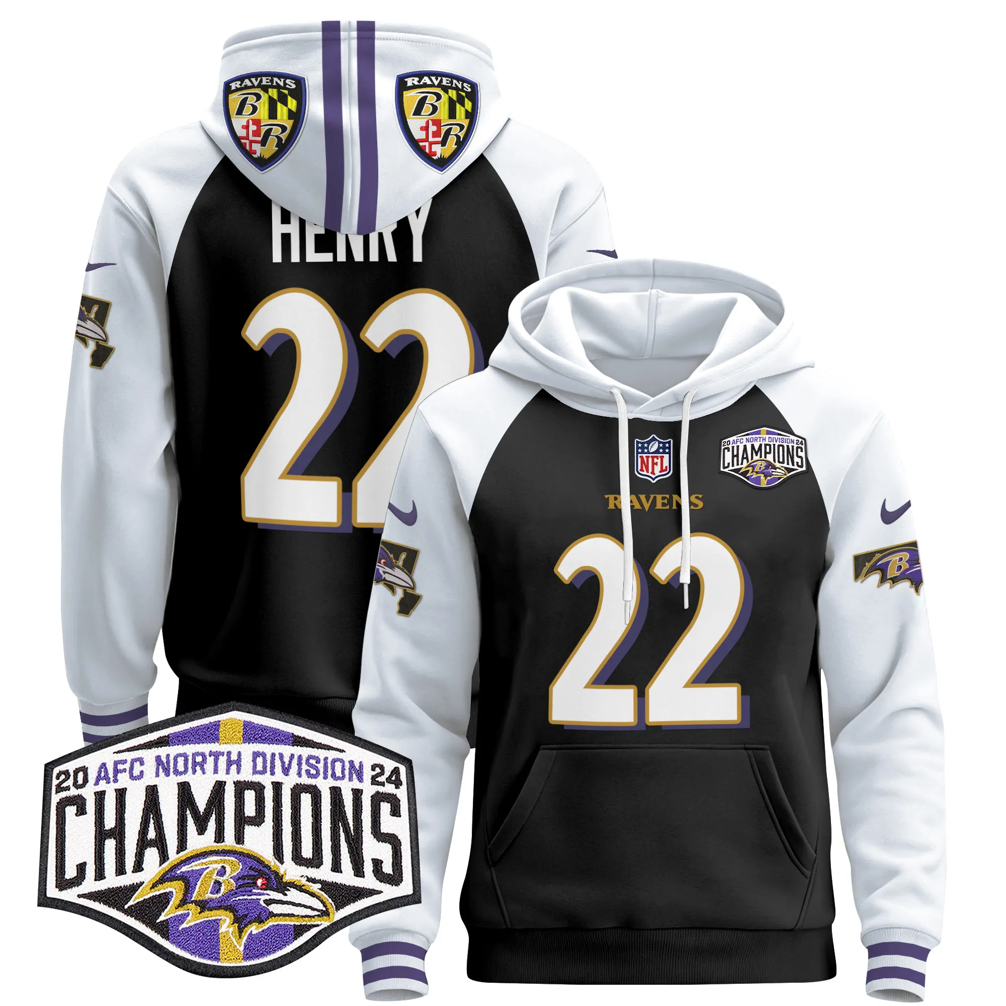 Men's Baltimore Ravens 2024 AFC North Division Champions Patch Pullover Hoodie V2 - All Stitched