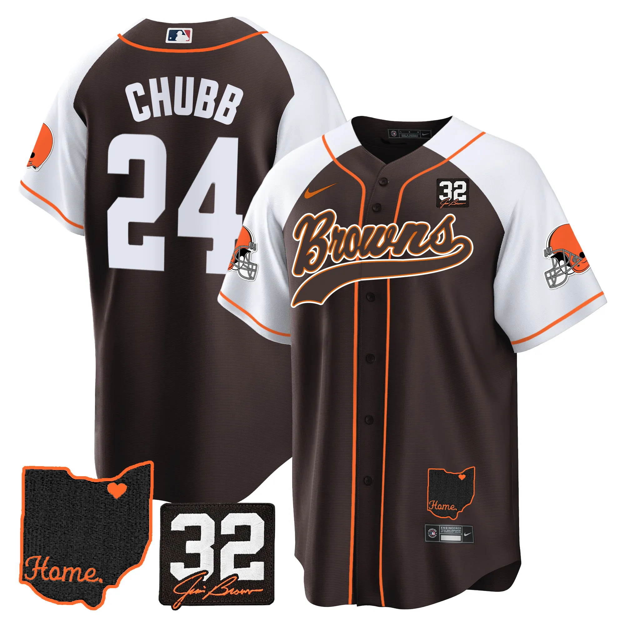 Men's Browns #32 Jim Brown Memorial & Home Patch Baseball Jersey V2 - All Stitched