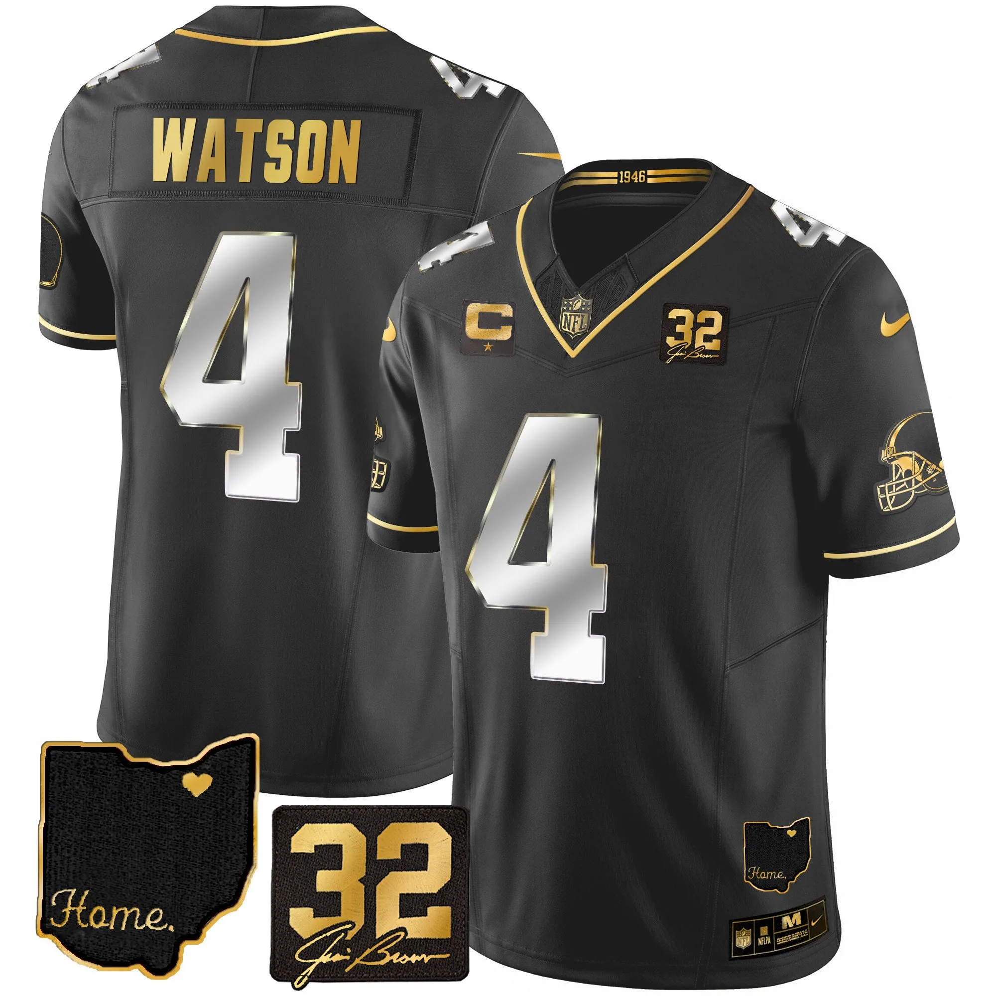 Men's Browns #32 Jim Brown Memorial & Home Patch Gold Jersey - All Stitched
