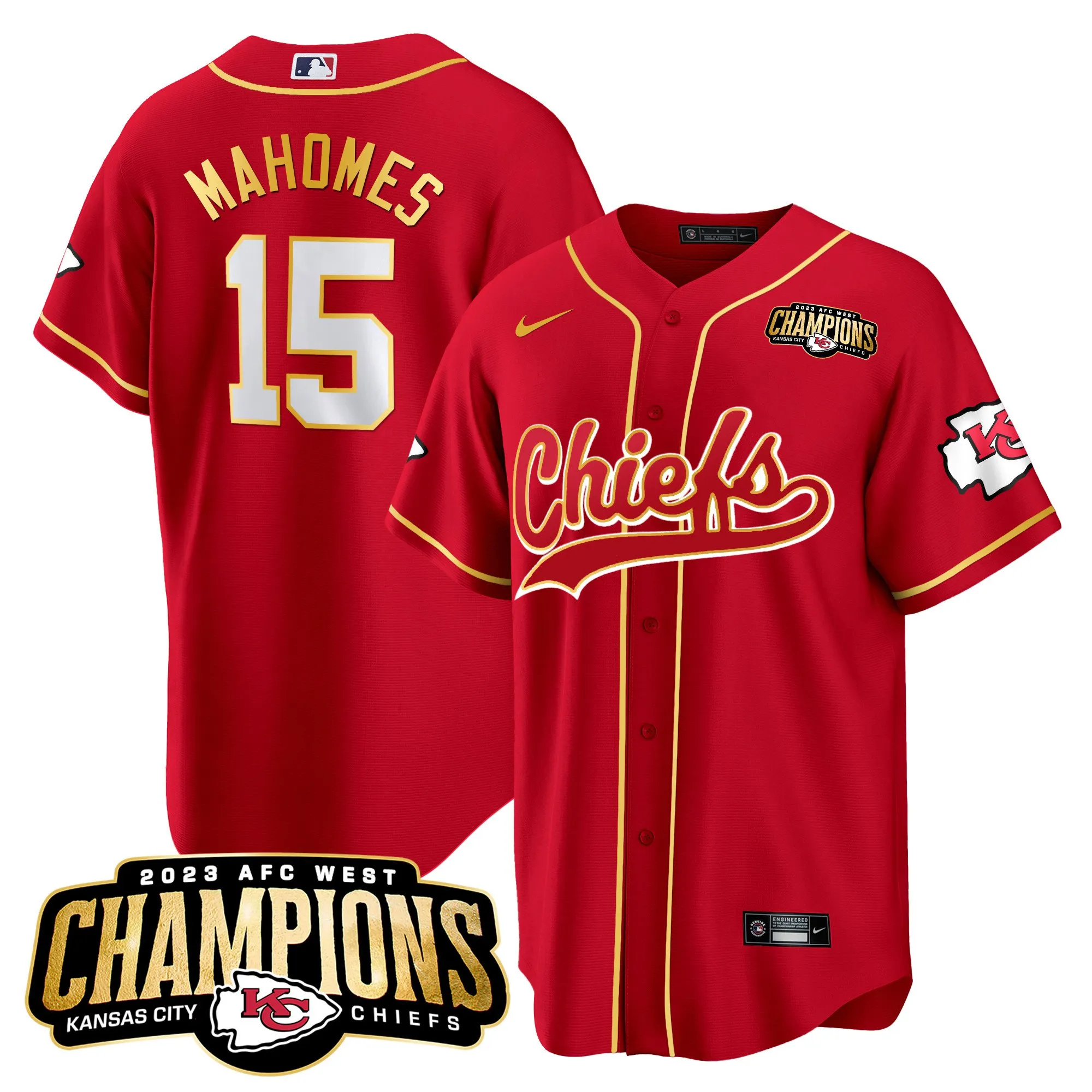 Men's Chiefs 2023 AFC West Champions Patch Baseball Jersey - All Stitched
