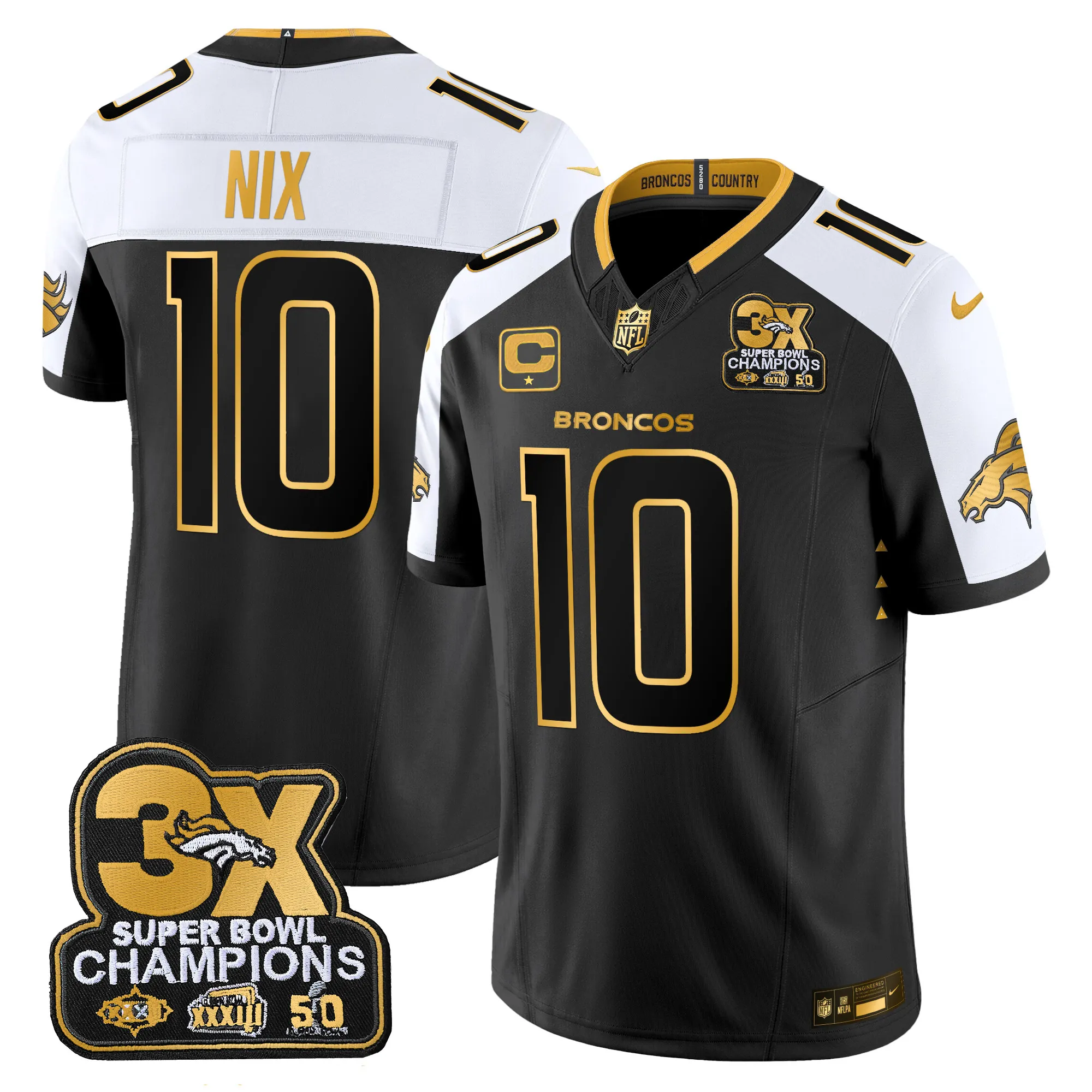 Men's Denver Broncos 3-Time Champions Patch Gold Vapor Limited Jersey - All Stitched
