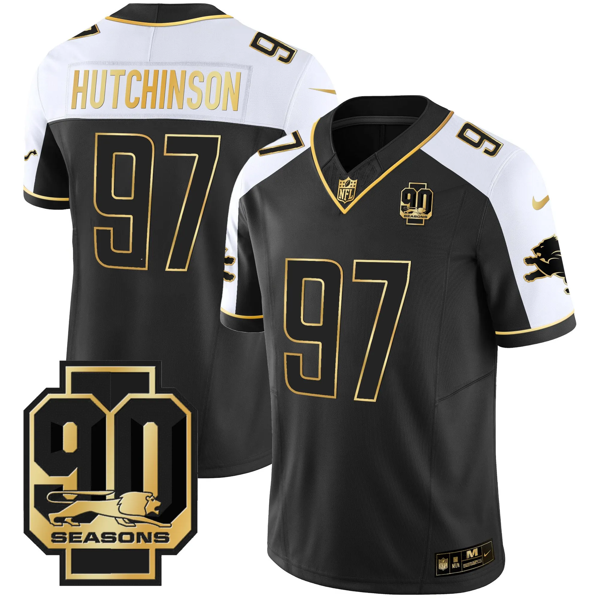 Men's Detroit Lions 90th Year Patch Gold Jersey - All Stitched