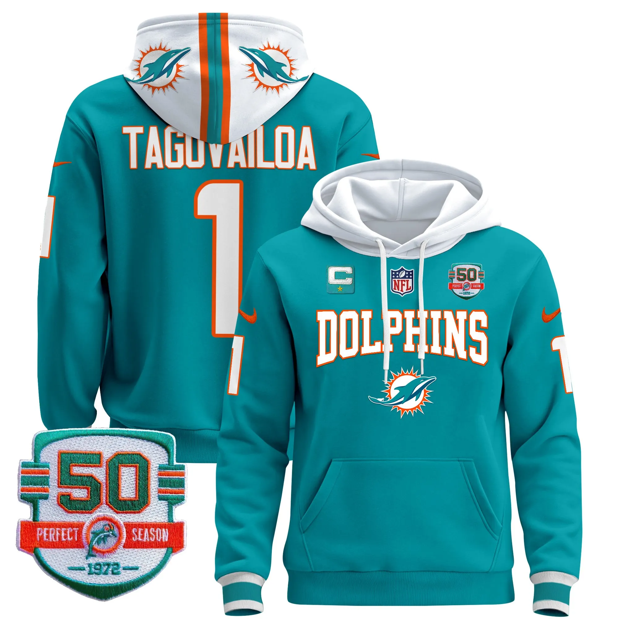 Men's Dolphins 50th 1972 Perfect Season Patch Pullover Hoodie V2 - All Stitched