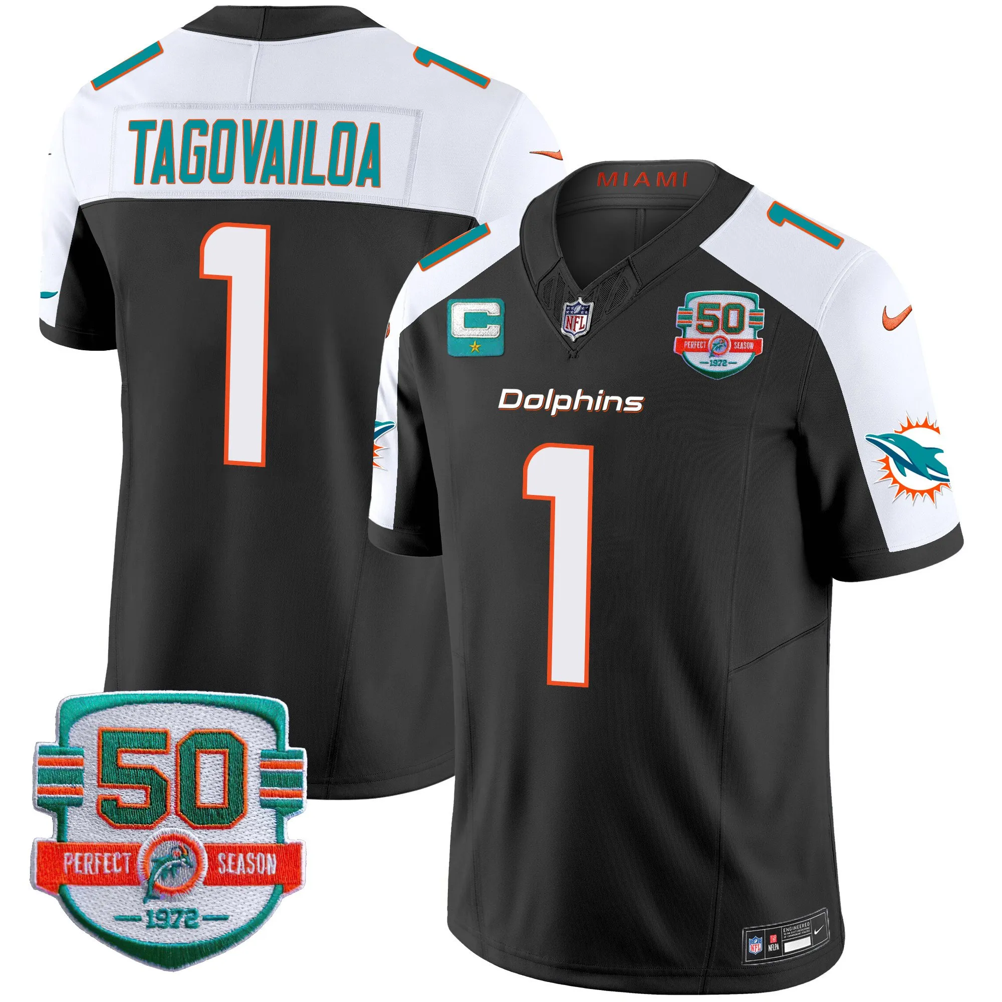 Men's Dolphins 50th 1972 Perfect Season Patch Vapor Jersey - All Stitched