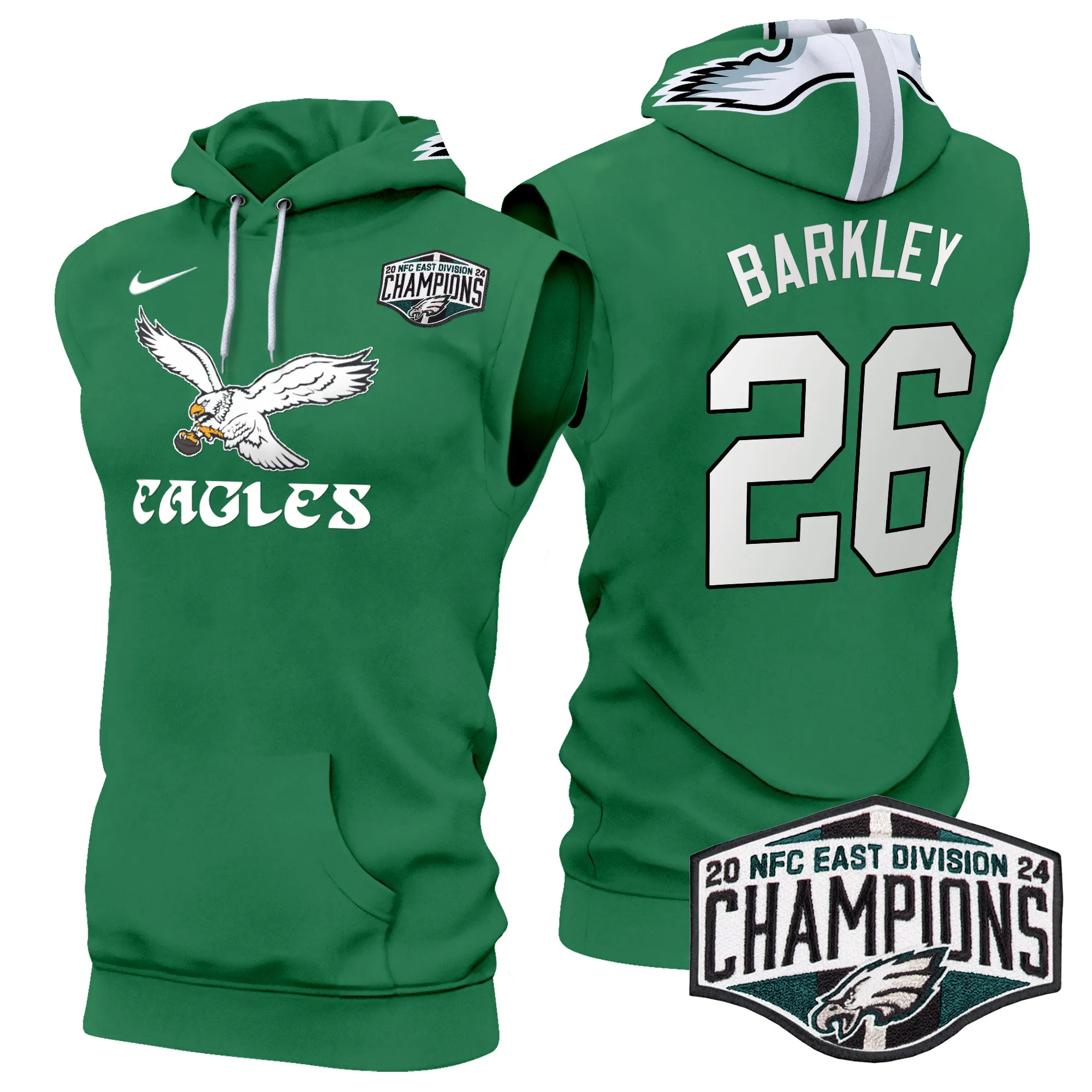 Men's Eagles Kelly Green 2024 NFC East Division Champions Sleeveless Hoodie V2 - All Stitched