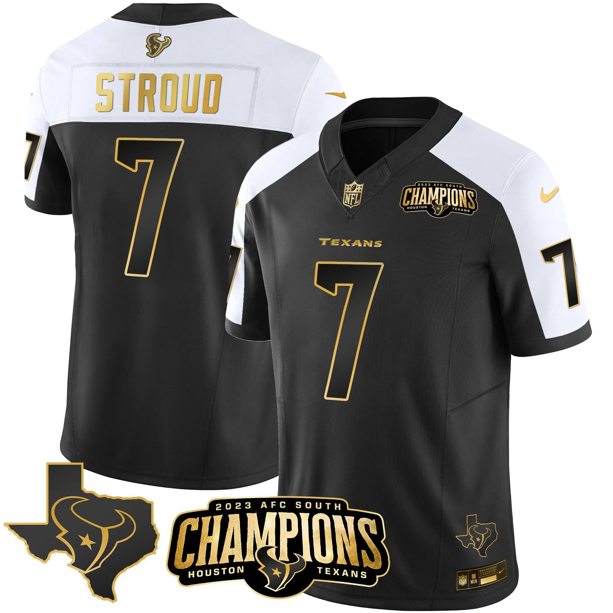 Men's Houston Texans 2023 AFC South Champions Patch Gold Vapor Jersey - All Stitched