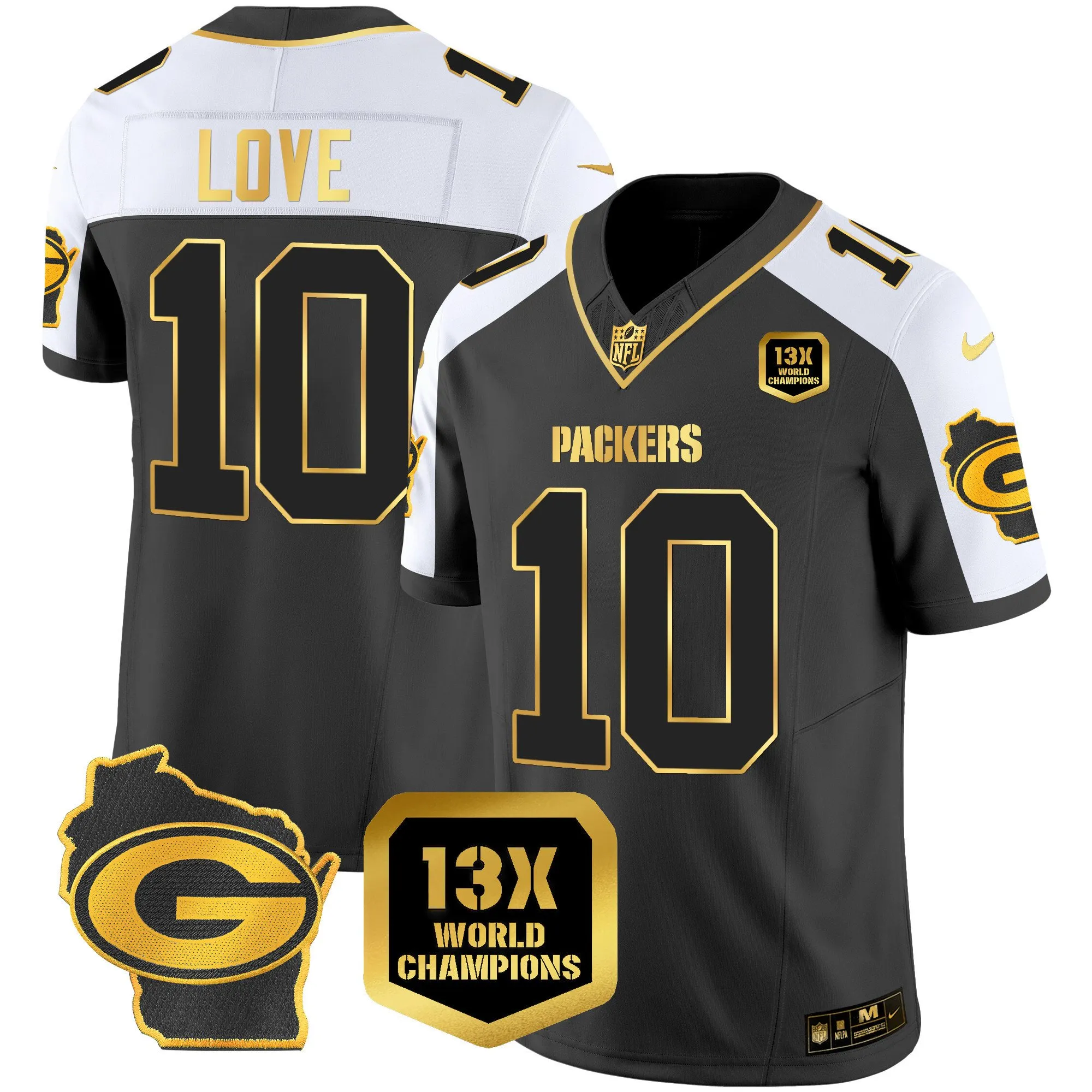 Men's Packers 13 Time World Champions & Home Patch Gold Vapor Jersey – All Stitched