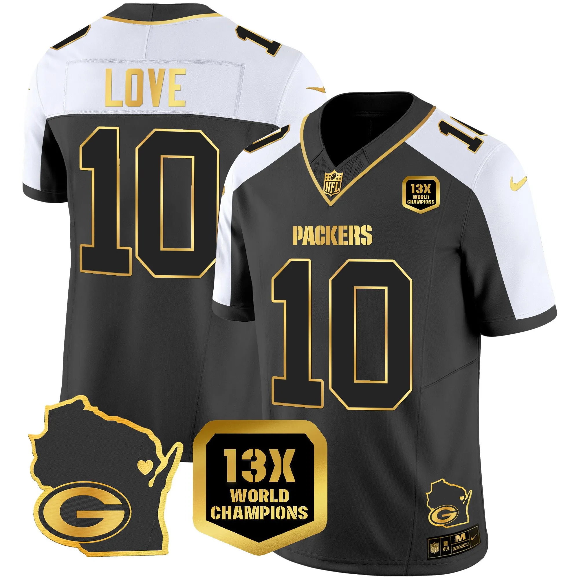 Men's Packers 13 Time World Champions & Home Patch Gold Vapor Jersey V2 – All Stitched