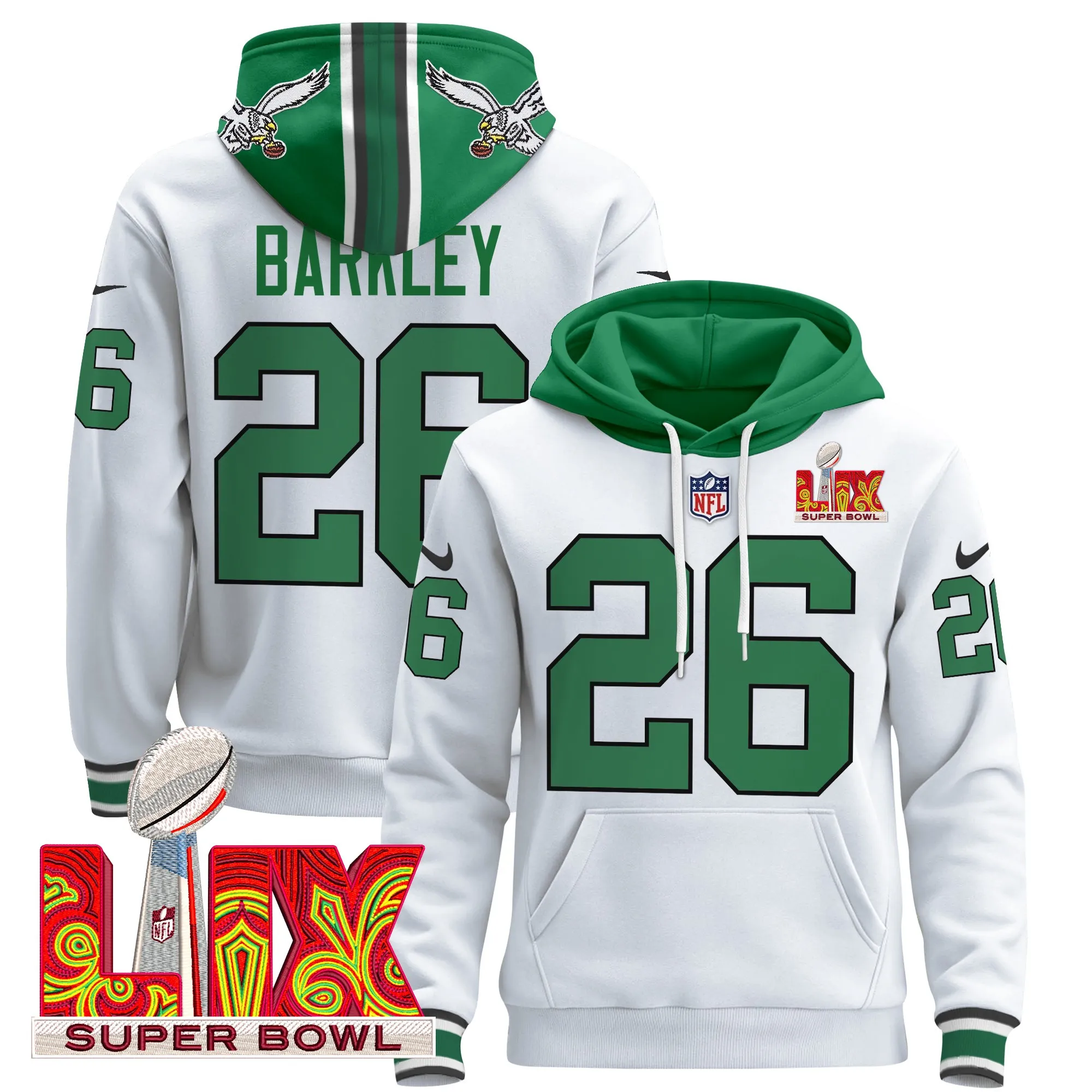 Men's Philadelphia Eagles Super Bowl LIX Patch Pullover Hoodie V4 - All Stitched
