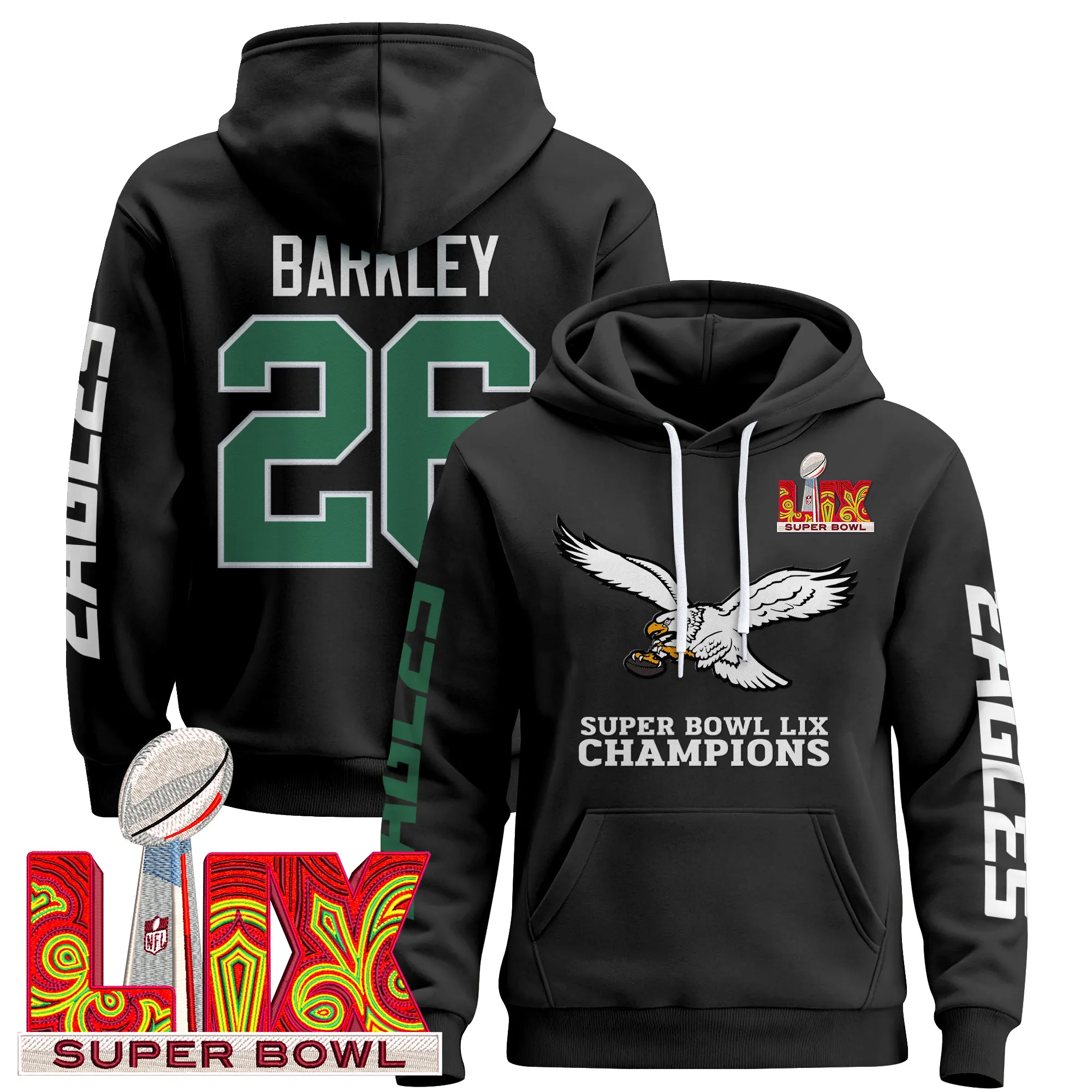 Men's Philadelphia Eagles Super Bowl LIX Patch Pullover Hoodie V6 - All Stitched