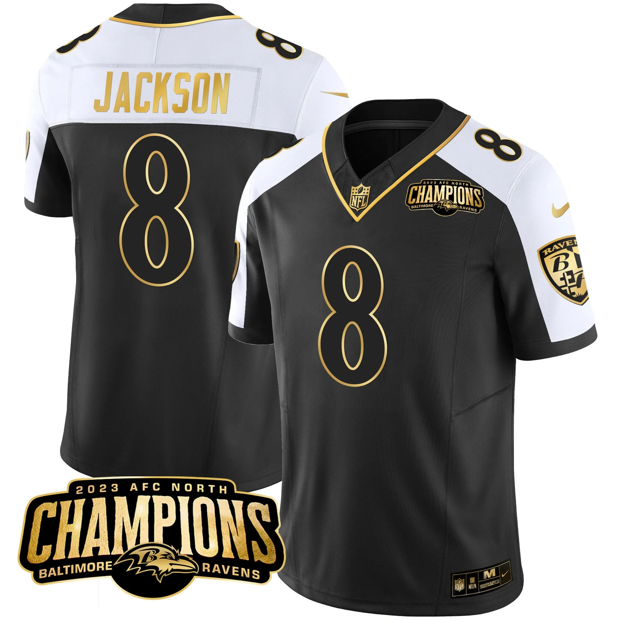 Men's Ravens 2023 AFC North Champions Patch Gold Vapor Jersey - All Stitched