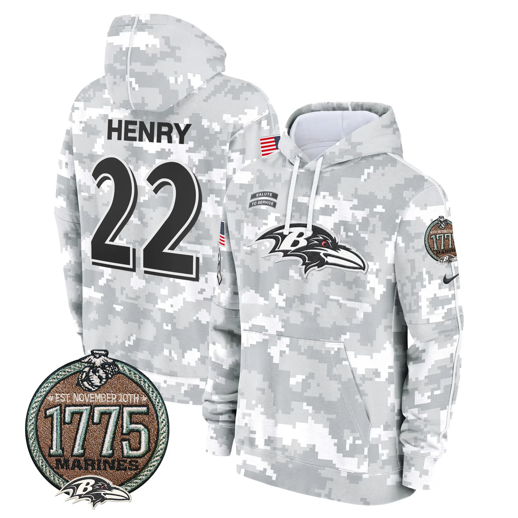 Men's Ravens 2024 Salute to Service Establishment Year Patch Fleece Pullover Hoodie - All Stitched