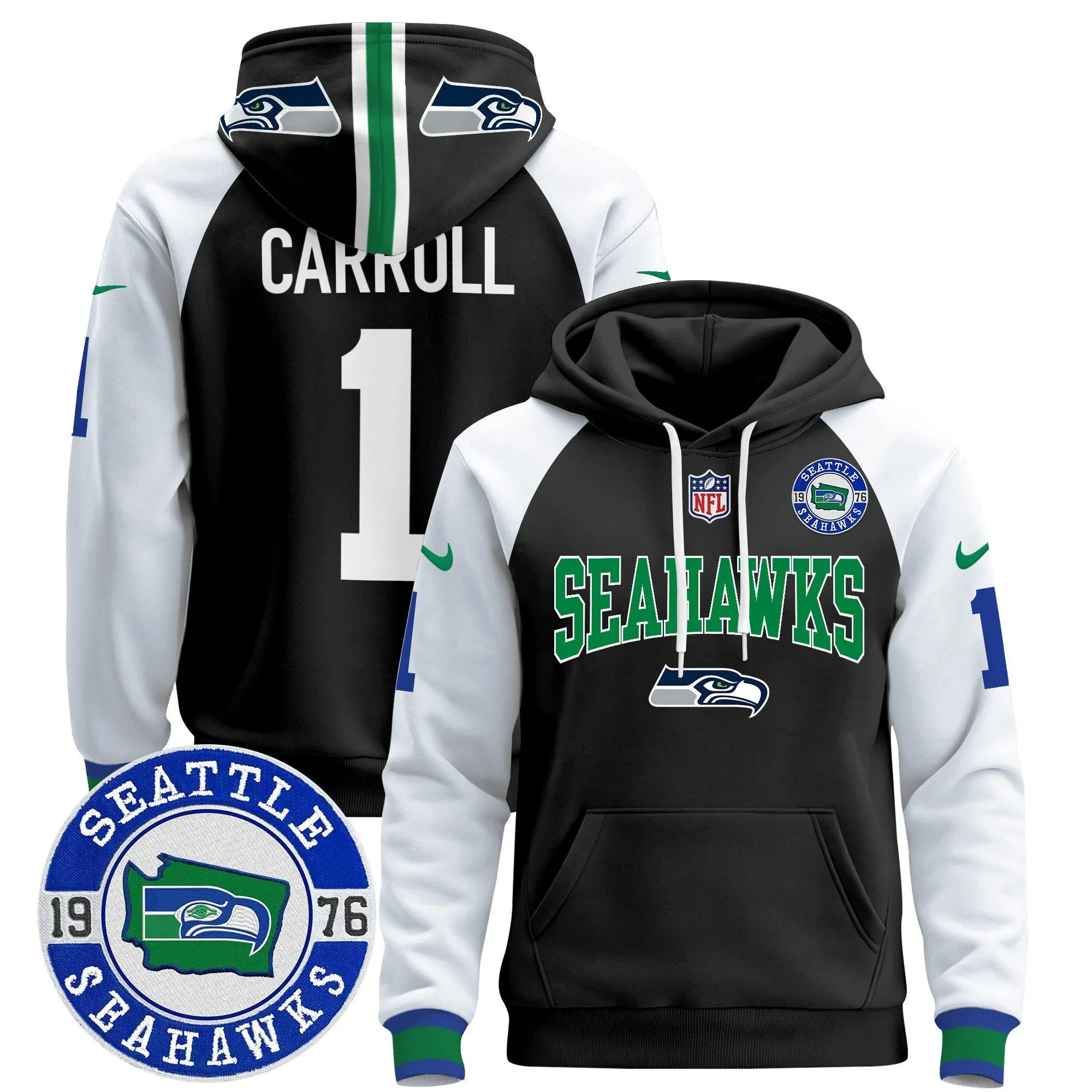 Men's Seahawks Throwback Est. 1976 Patch Pullover Hoodie V2 - All Stitched