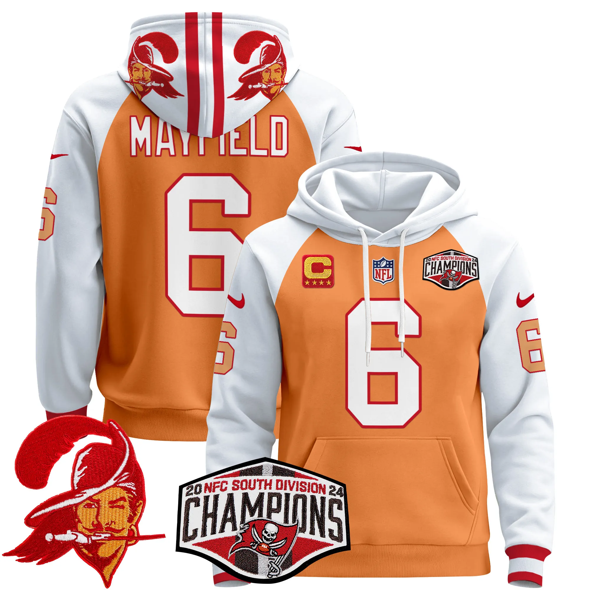 Men's Tampa Bay Buccaneers Creamsicle 2024 NFC South Division Champions Patch Pullover Hoodie - All Stitched