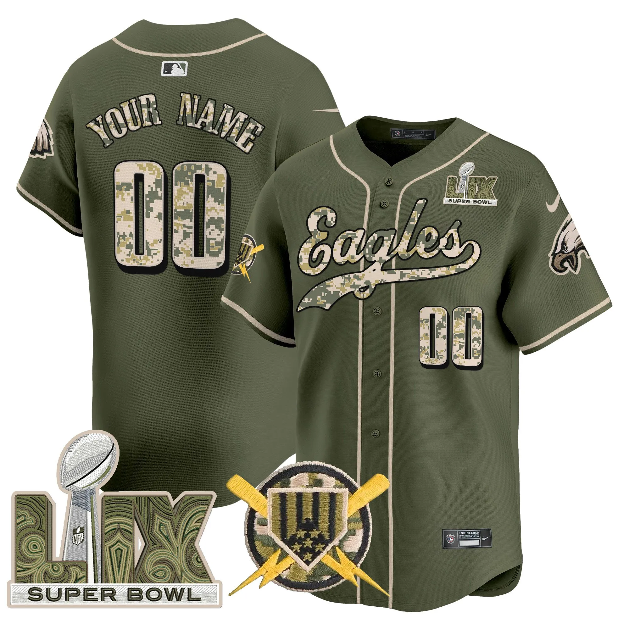 Philadelphia Eagles Armed Forces Day Super Bowl LIX Vapor Baseball Custom Jersey - All Stitched