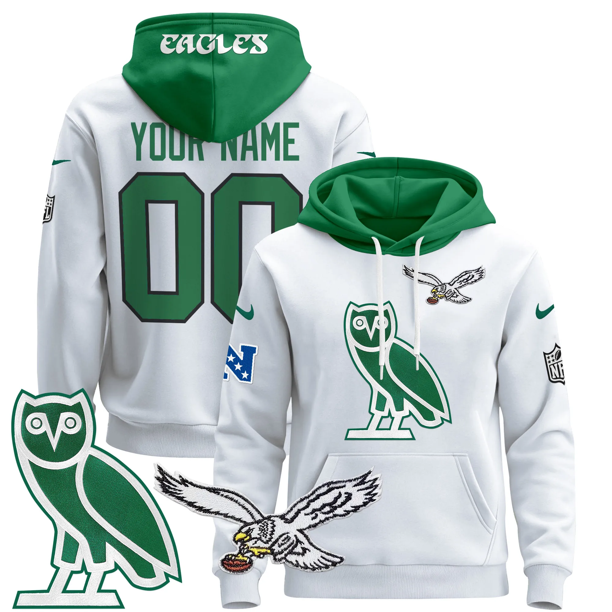 Philadelphia Eagles OVO 2024 Custom Pullover Hoodie - All Stitched